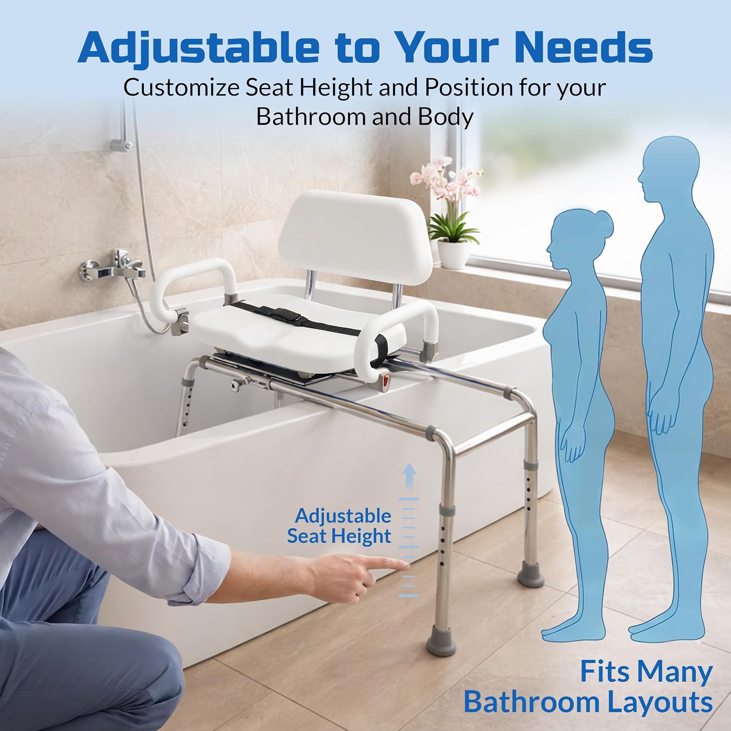 Carousel Sliding Shower Chair Tub Transfer Bench with Swivel Seat Elderly | Slide Safely In & Out of the Tub - Blue, padded seat, padded armrests, swivel seat, backrest, portable, tool-free assembly