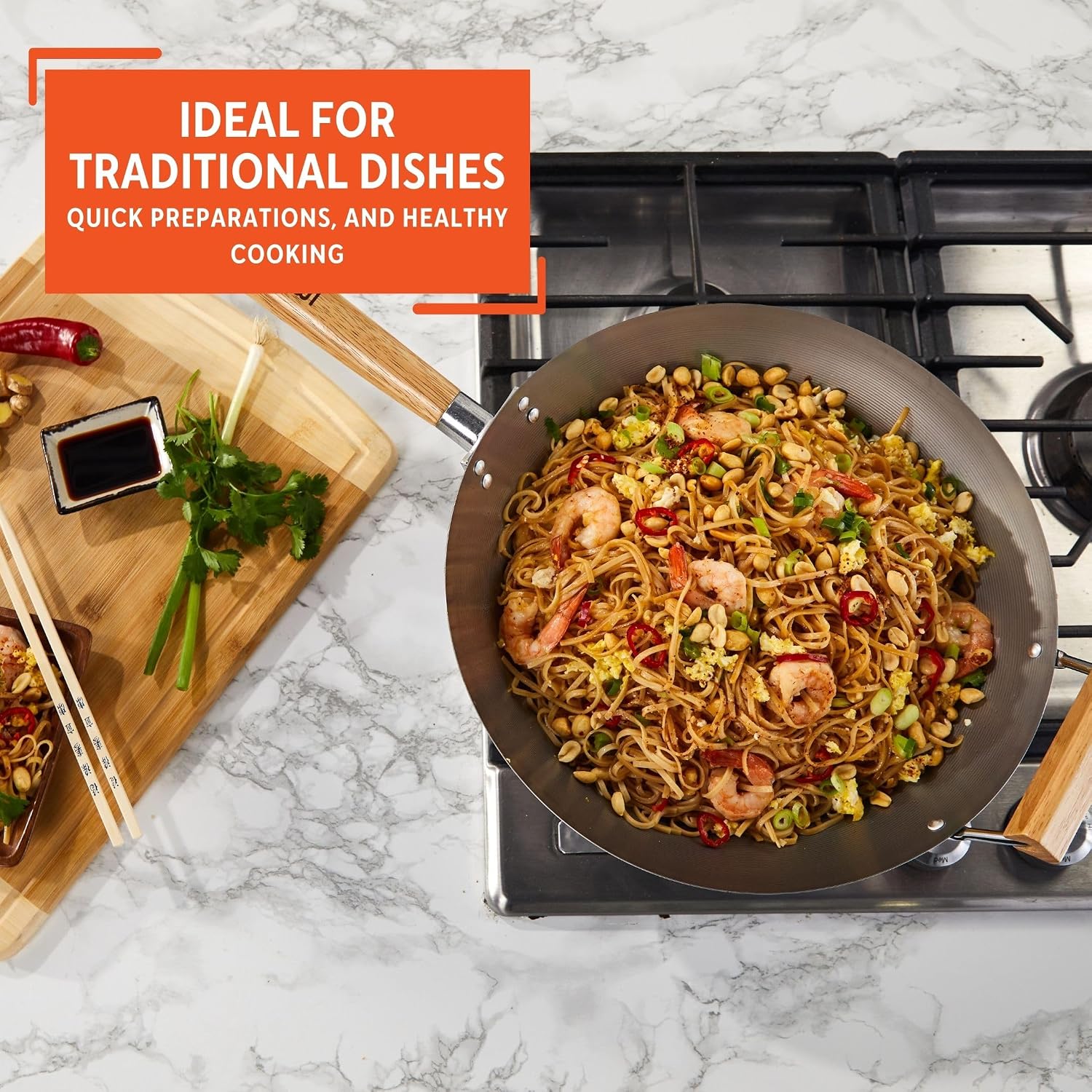 IMUSA 9.5 Inch Carbon Steel Nonstick Wok with Cool-touch Handle, Black | Cool-Touch Handle, Ideal for Stir Fry, Great for Everyday Meals