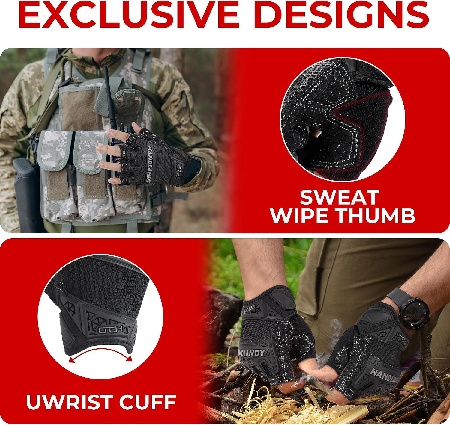 HANDLANDY Framer Work Gloves Open-Finger Carpenters Gloves, Fingerless Gaming Gloves for Tactical Shooting, Airsoft, Hunting, Police Work and Hiking L