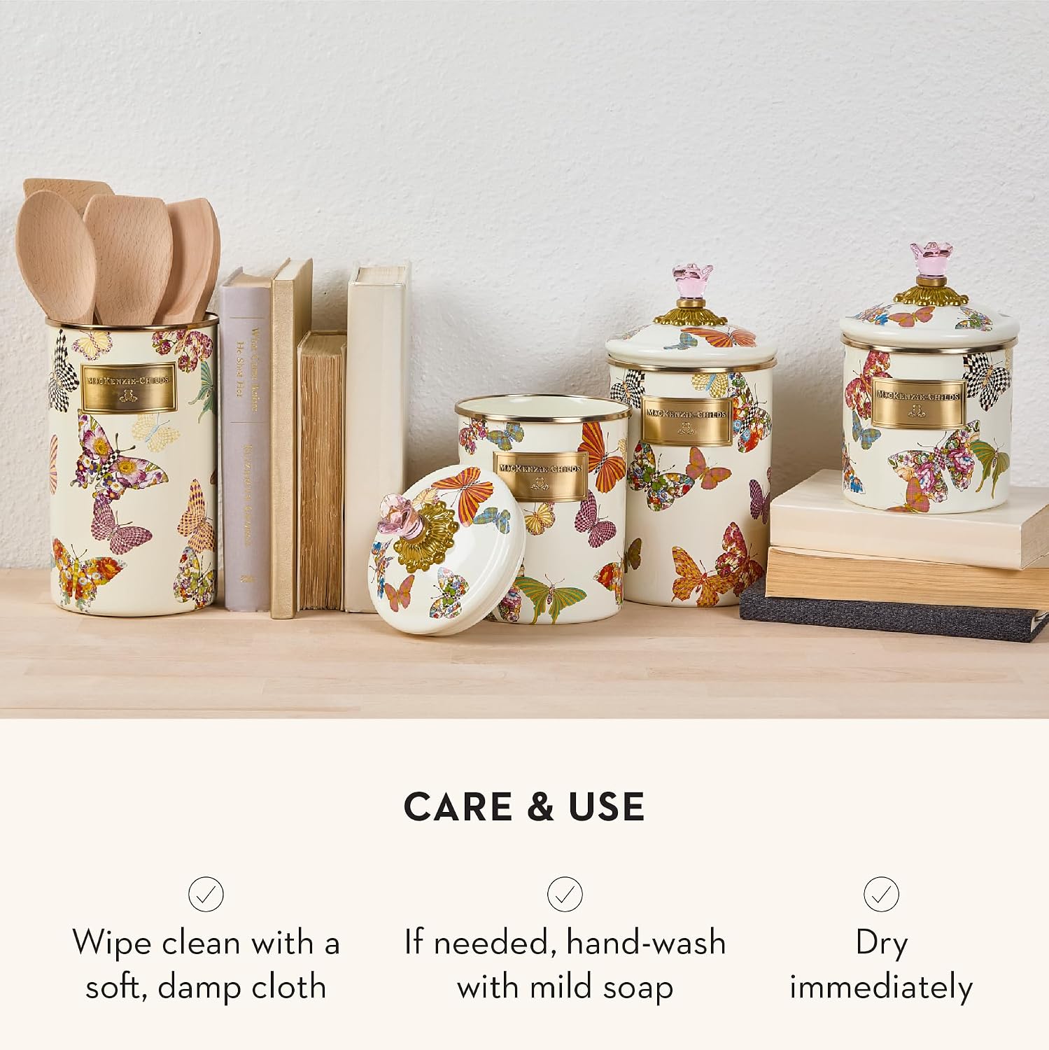 MACKENZIE-CHILDS Enamel Canister, Small, Wild Rose Brown | Hand-applied design, made from enameled steel, versatile kitchen storage container for flour and sugar, 38-ounce capacity