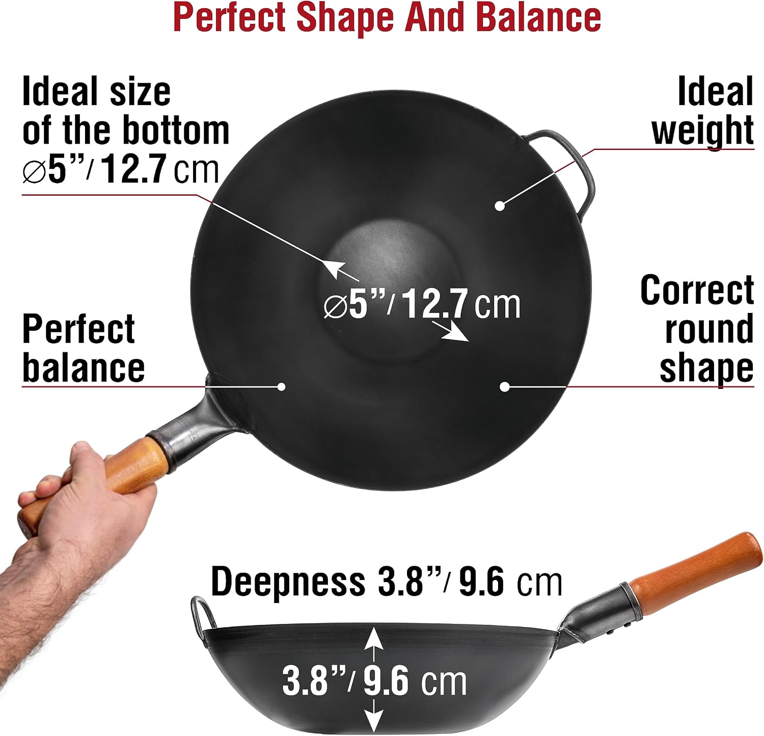 YOSUKATA 13.5" Pre-Seasoned Flat Bottom Black Carbon Steel Wok for Stir Fry