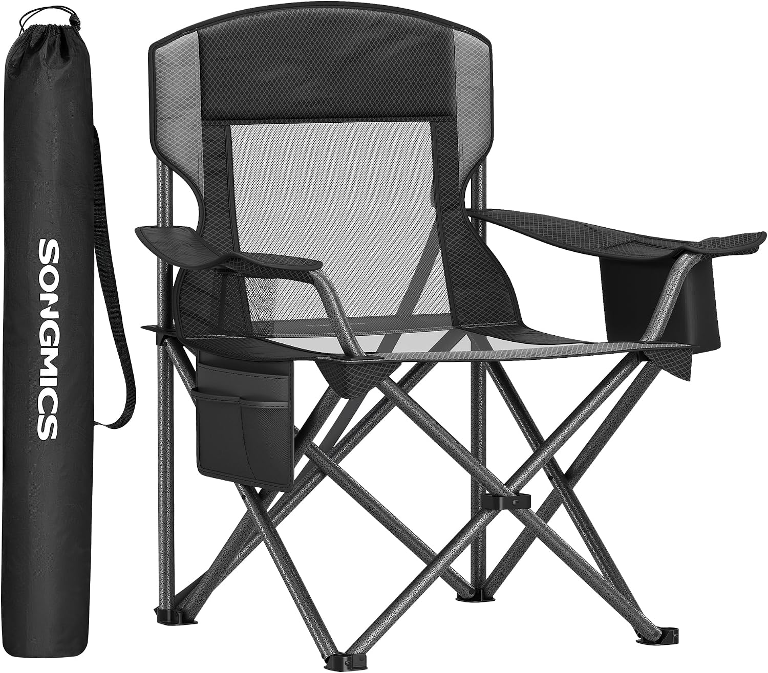SONGMICS Camping Chair, Folding Oversized Chair, Comfortable and Heavy-Duty, 352 lb Weight Capacity, Adjustable Armrests with Cooler Bag, Storage Bag, Breathable Mesh, Bijou Blue UGCB060Q01