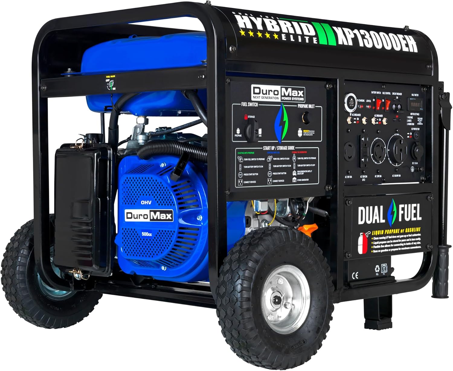 DuroMax XP12000EH 12,000-Watt Dual Fuel Portable Generator – Gas & Propane, Electric Start, Whole Home Backup Power, Transfer Switch Ready, RV & Emergency Ready