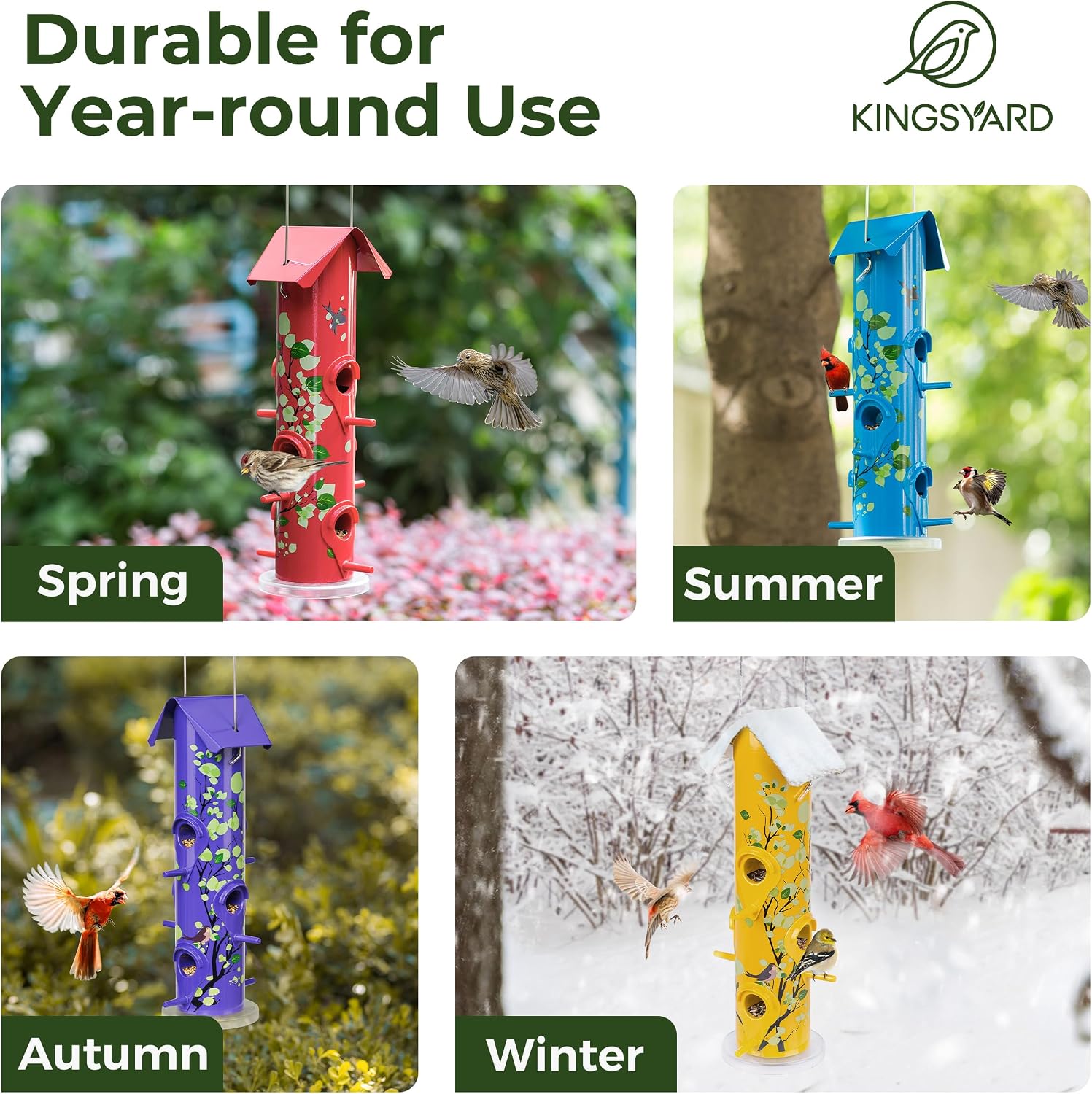 Kingsyard Metal Bird Feeders for Outdoors Hanging, Tube Bird Feeder | 14 in, 6 Feeding Ports, drainage holes, 2 lbs Seed Capacity, Weatherproof, Stays Dry & Fresh, Easy to Clean & Refill, Yellow