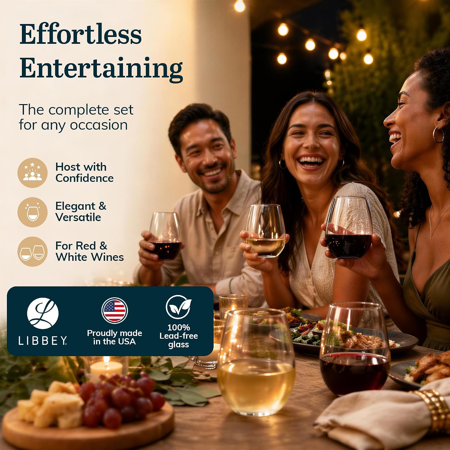 Libbey Classic Blue All-Purpose Stemless Wine Glasses Set 6, Timeless Wine Cups Set of 6, 15.25 Oz, Wine Glass Set for Dinners, Weeknights
