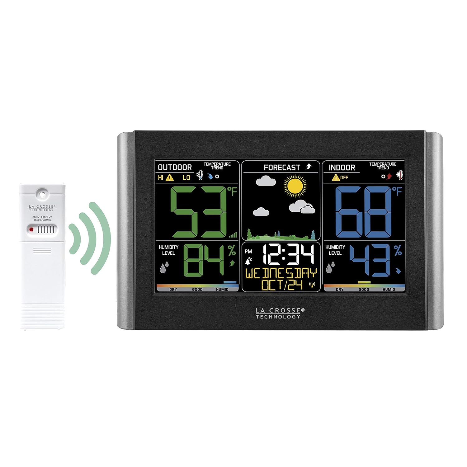 La Crosse Technology Weather Station with Customizable Alerts, Weather Forecast, Temperature, Dew Point, Humidity, Time, Heat Index, Large Display