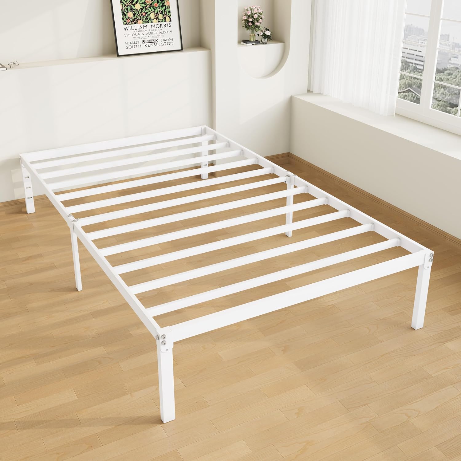 Allewie Full Size Bed Frame, 14 inch Metal Platform Beds with Storage Space, No Box Spring Needed and Easy Assembly, White