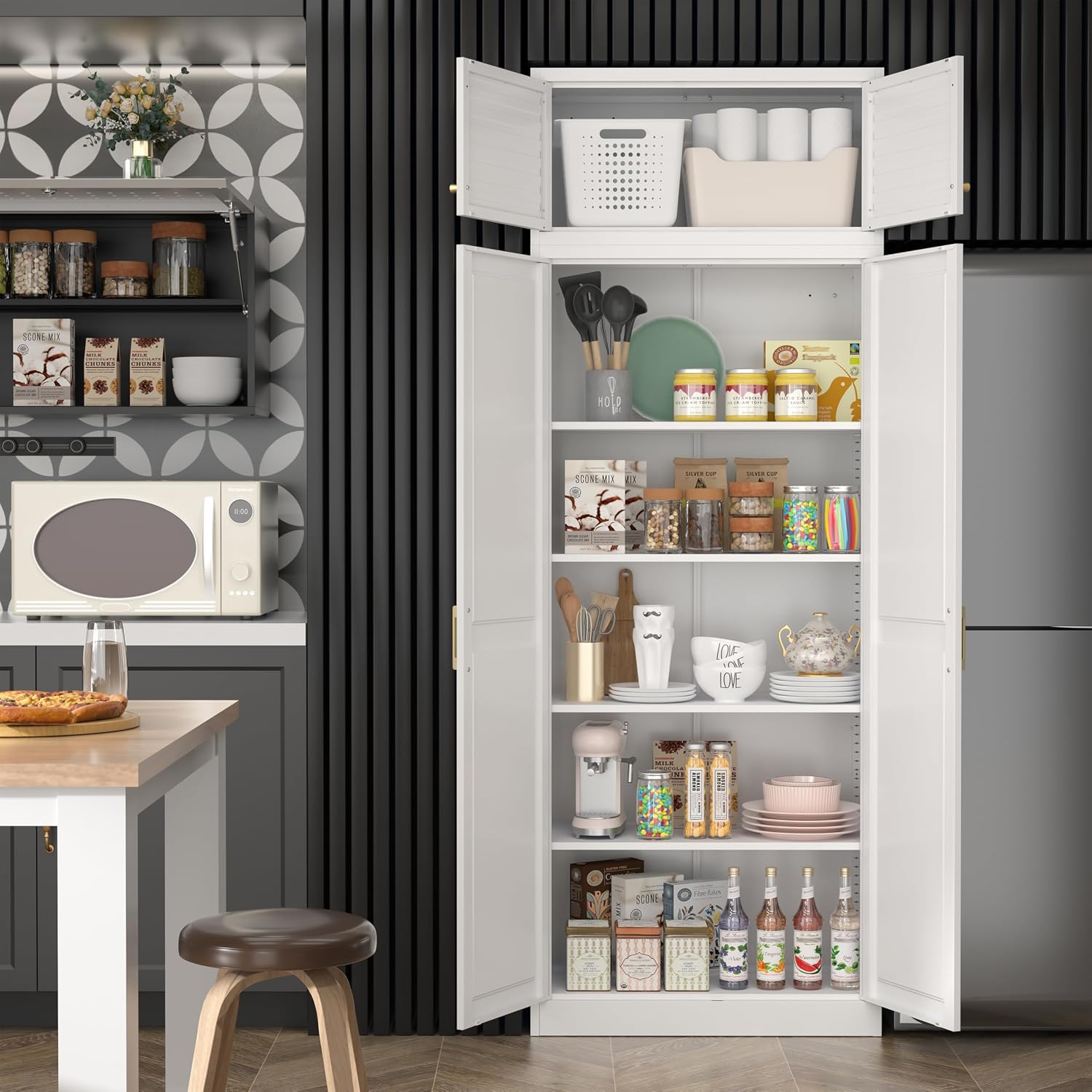 Steeloong 71"Metal Pantry Storage Cabinet with Doors & 4 Adjustable Shelves | Kitchen Pantry Cabinet,White Kitchen Cabinet with 2 Gold Handles,Tall Cabinet for Livingroom,Pantry, Bathroom,Kitchen