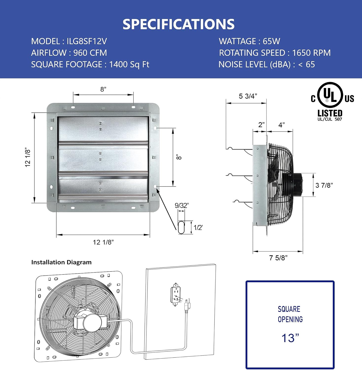 iLIVING 12" Wall Mounted Shutter Exhaust Fan, Automatic Shutter, with Thermostat and Variable Speed controller, 0.6A, 960 CFM