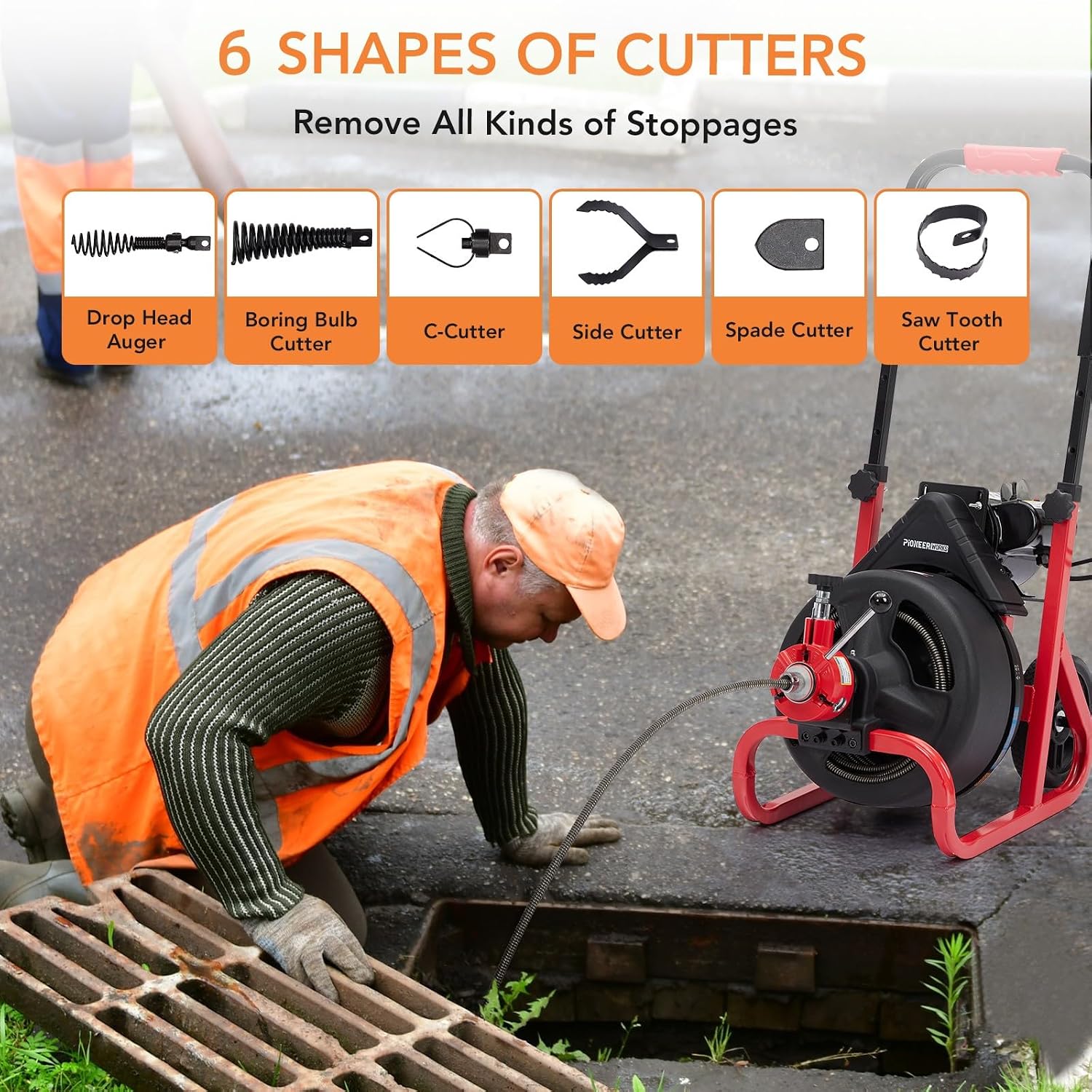 PioneerWorks Electric Drain Snake, 75Ft 1/2 Inch Auto-Feed Electric Drain Auger, Sewer Snake Machine with 6 Cutters & Glove for 2-4 Inch Pipes