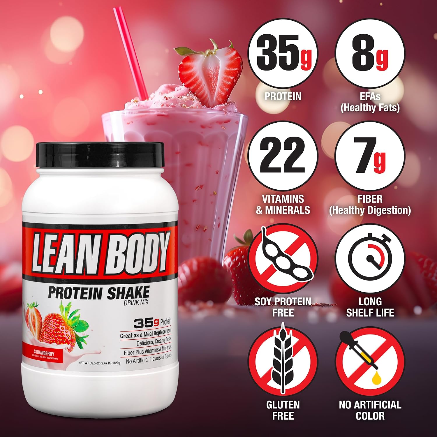 Labrada Nutrition Lean Body Hi-Protein Shake, Strawberry, 2.47-Pound Tub Strawberry Packaging May Vary