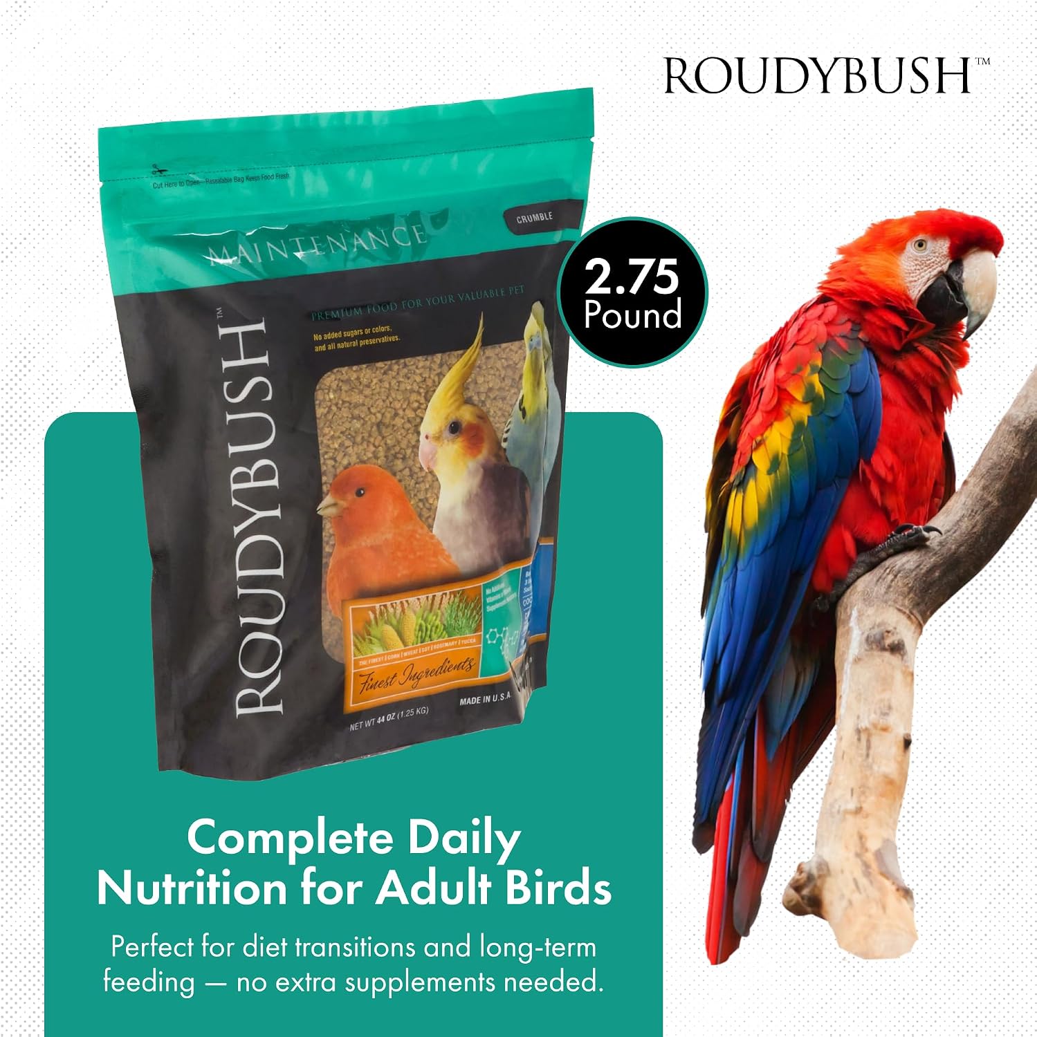 RoudyBush Daily Maintenance Food for Birds - Scientifically Formulated Bird Feed - Bird Food Pellets w/Corn, Wheat, Soy & More - Nutritious & Healthy Feed for Birds (Mini, 44oz)
