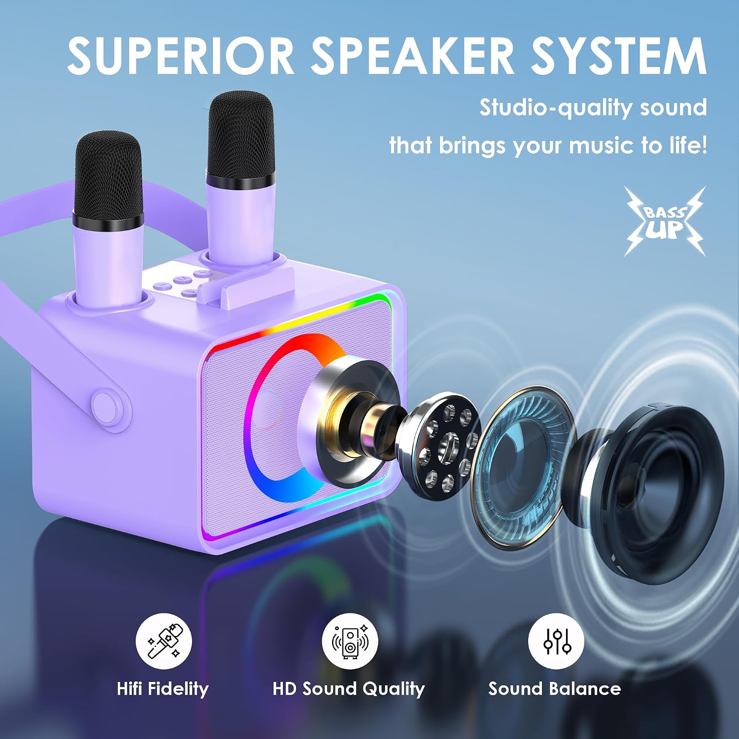 Karaoke Machine for Kids Adults,Portable Bluetooth Speaker with 2 Wireless Microphone with LED Lights, Karaoke Microphone with PA System Supports USB/TF/AUX,Gift for Party (Black)