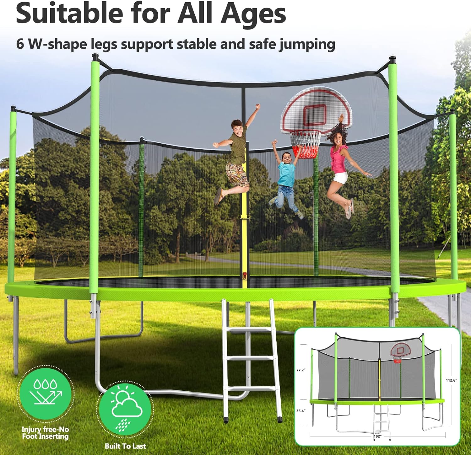 10 12 14 16FT Trampoline Outdoor, Light/Sprinkler/Basketball Hoop | Large Recreational Trampoline for Kids and Adults, Heavy Duty Yard Trampolines with Enclosure Net, ASTM Approval