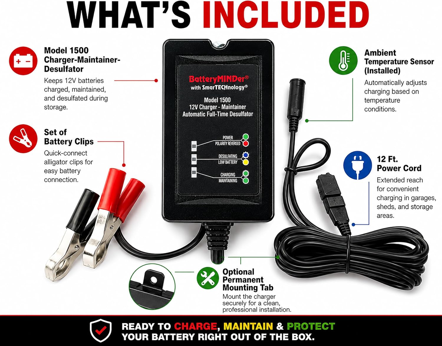 1500 12V-1.5A Smart Trickle Charger, Battery Maintainer, and Battery Desulfator - for Winter and Long Term Storage