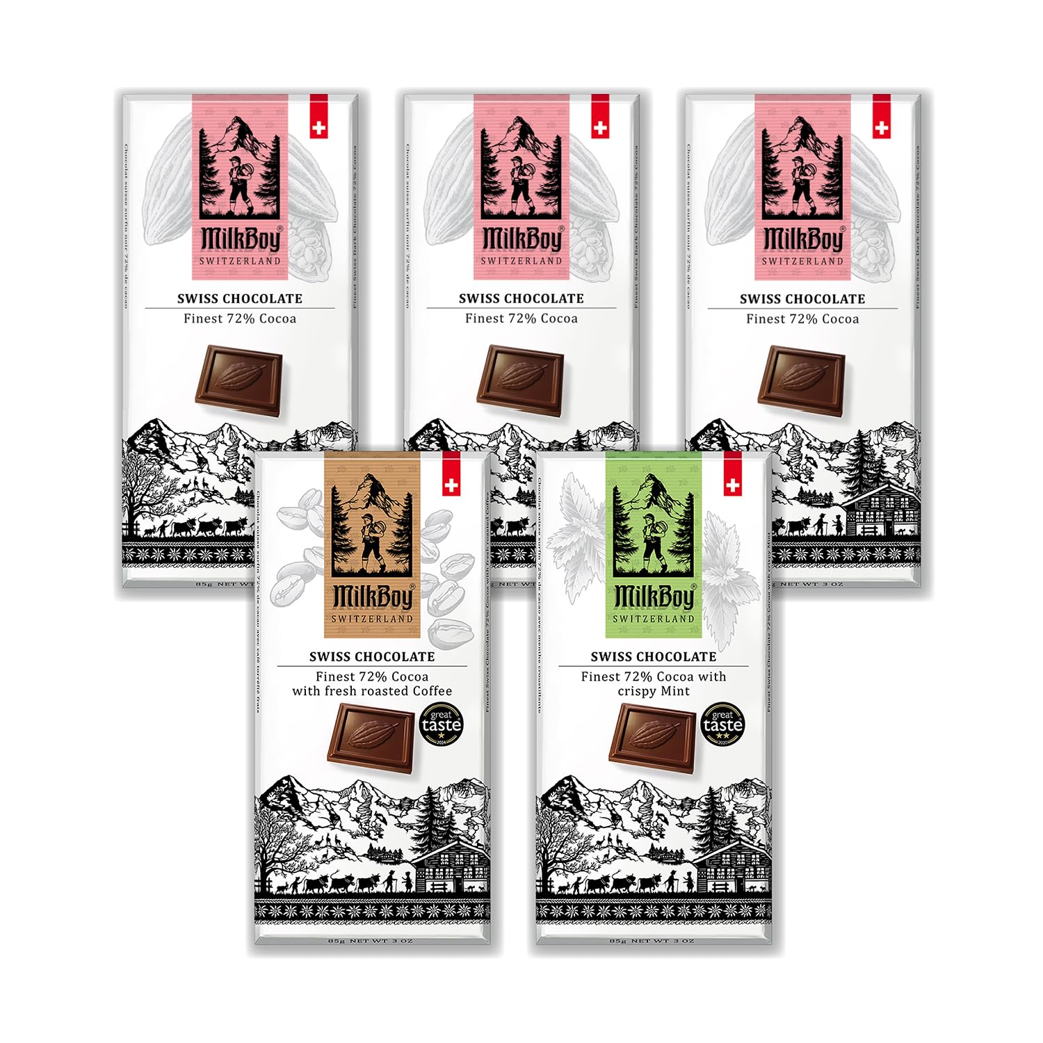 MilkBoy Swiss Chocolates Chocolate Bar Variety Flavors - 3 oz, 5 Pack | Includes milk, dark, white bourbon vanilla, caramel sea salt & almond flavors. Rainforest Alliance certified cocoa. Kosher.