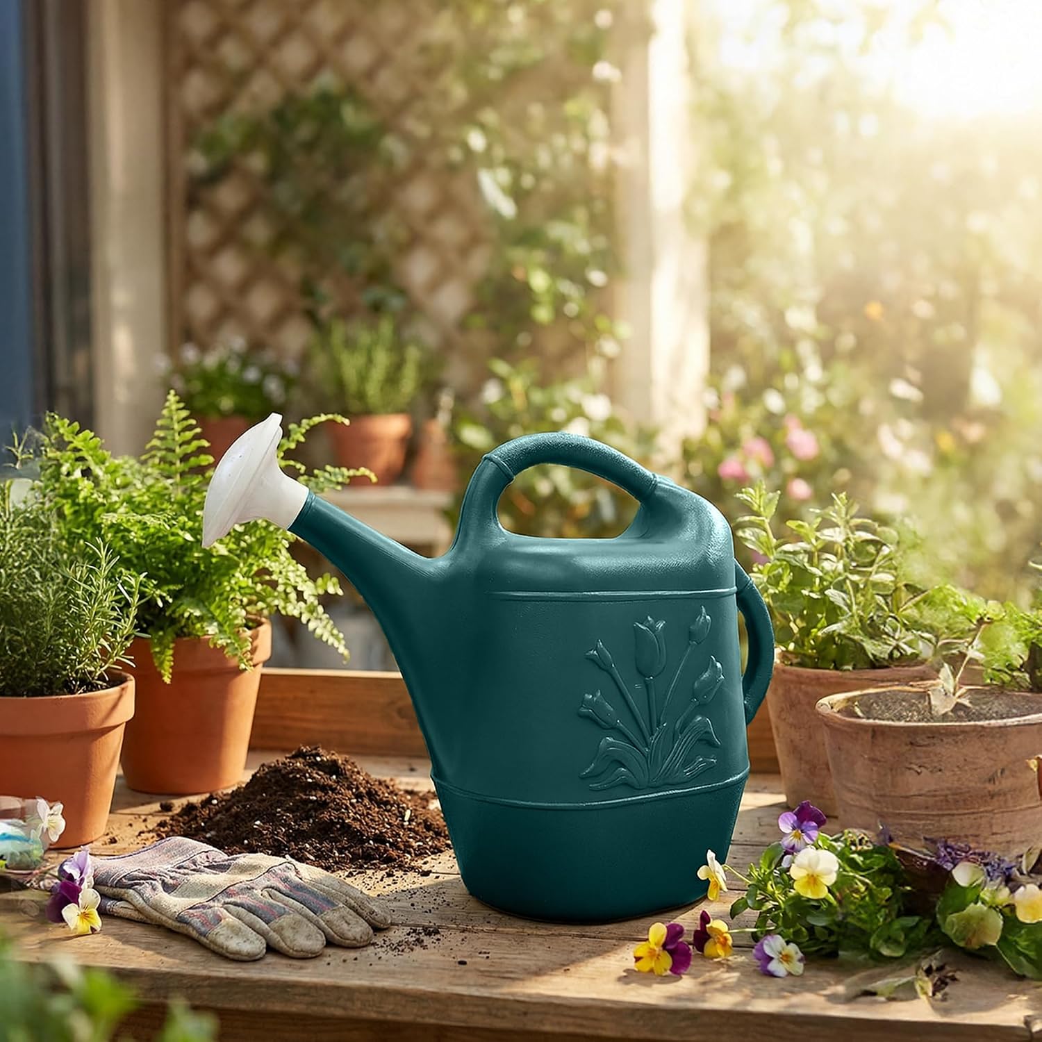 Union Products 63066 2 Gallon Plastic Indoor/Outdoor Watering Can w/Tulip Design for Garden, Potted Plants, & Patio Pots, Caribbean Blue