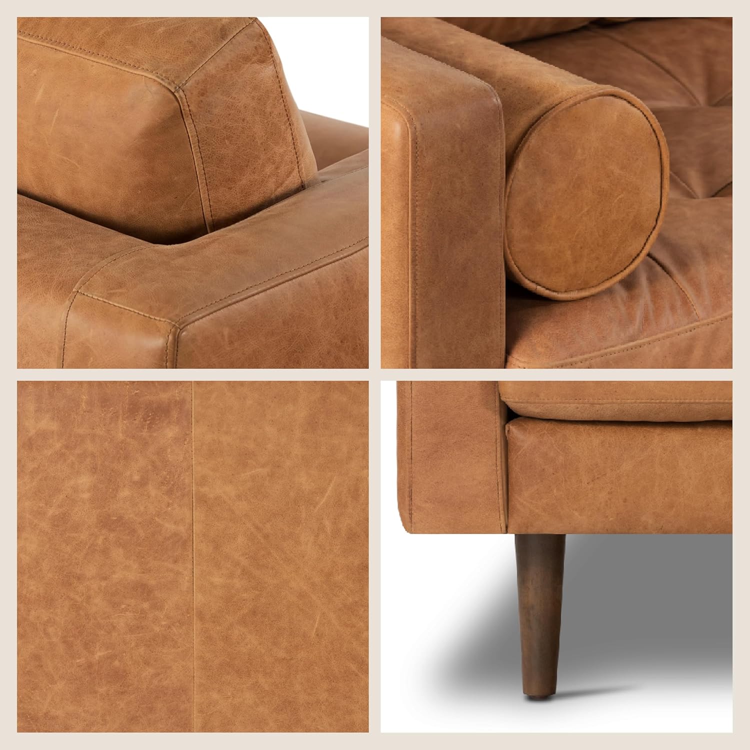 Poly & BARK 55" Tufted Leather Bed Bench for Bedroom End of Bed - Living Room Entry Way Bench - Pure Italian Leather Upholstery with a Solid Wood Frame - Ottoman Bench with Wooden Legs - Cognac Tan