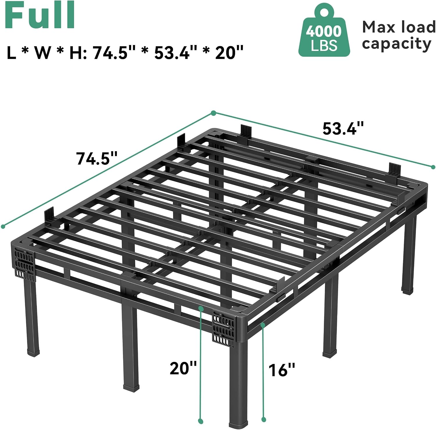 Superay 24 inch HIgh Queen Bed Frame with Rounded Legs, Double Layer Design | Metal Bed Frame & Box Spring 2 in 1 High Platform with Matress Gasket & headboard Adapter, Heavy Duty Support 4000lbs, Black