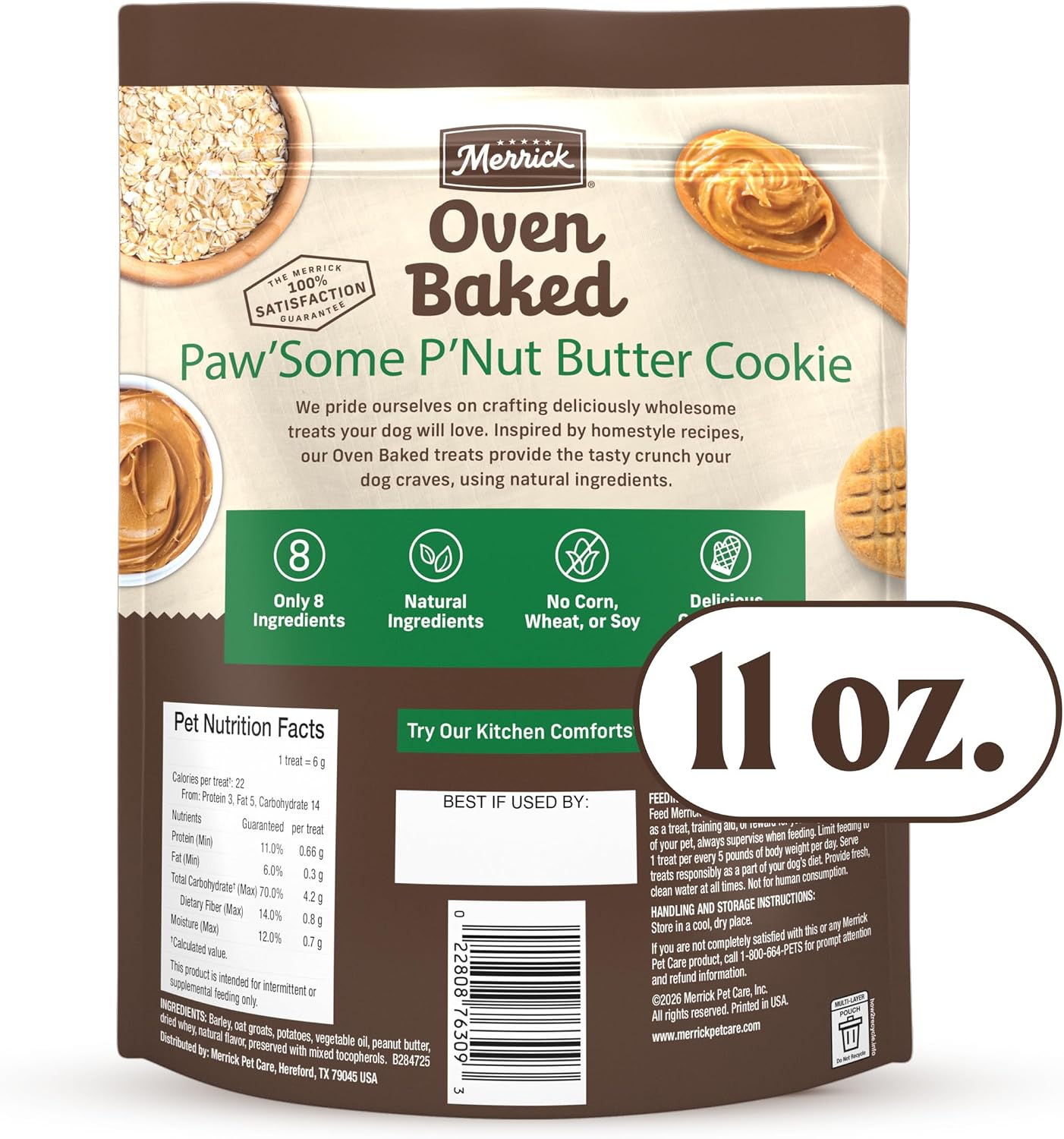 Merrick Oven Baked Dog Treats, Natural Cookies for Dogs, Paw’Some P’nut Butter Cookie with Real Peanut Butter