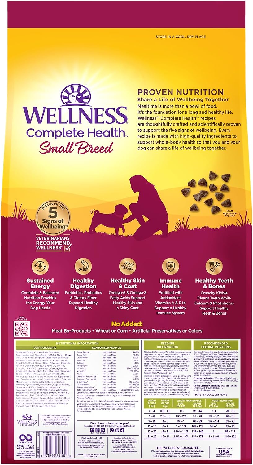 Wellness Complete Health Small Breed Adult Dry Dog Food, Wholesome Grain Kibble, Natural, Turkey and Oatmeal Recipe, 4 lb Bag