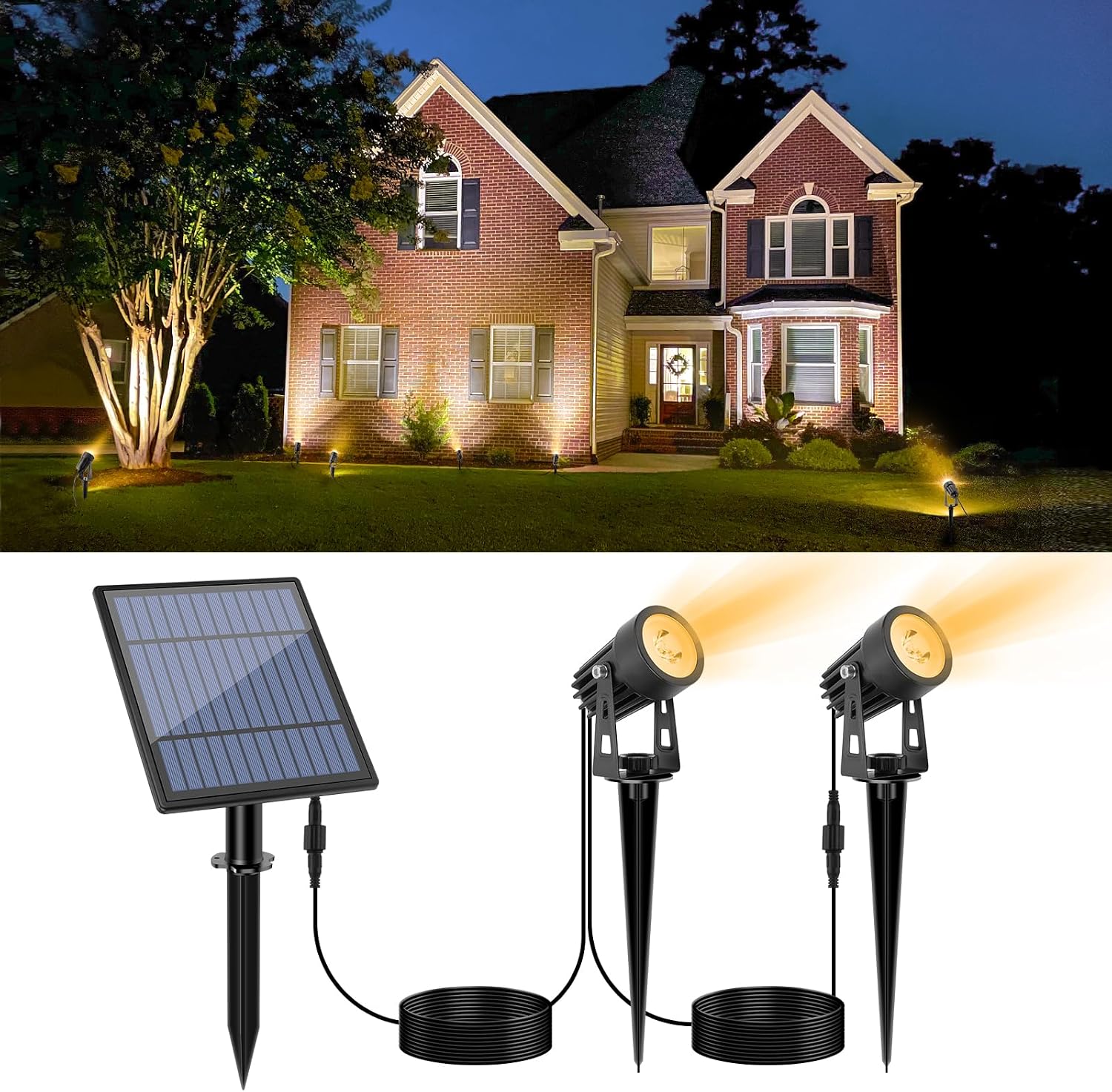 APONUO Metal Solar Spot Lights Outdoor with 9.8ft Cable Solar Powered Landscape Lighting Low Voltage IP65 Waterproof Auto On/Off for Outside Garden Yard Landscape Pathway Garage-Warm White(4-in-1)