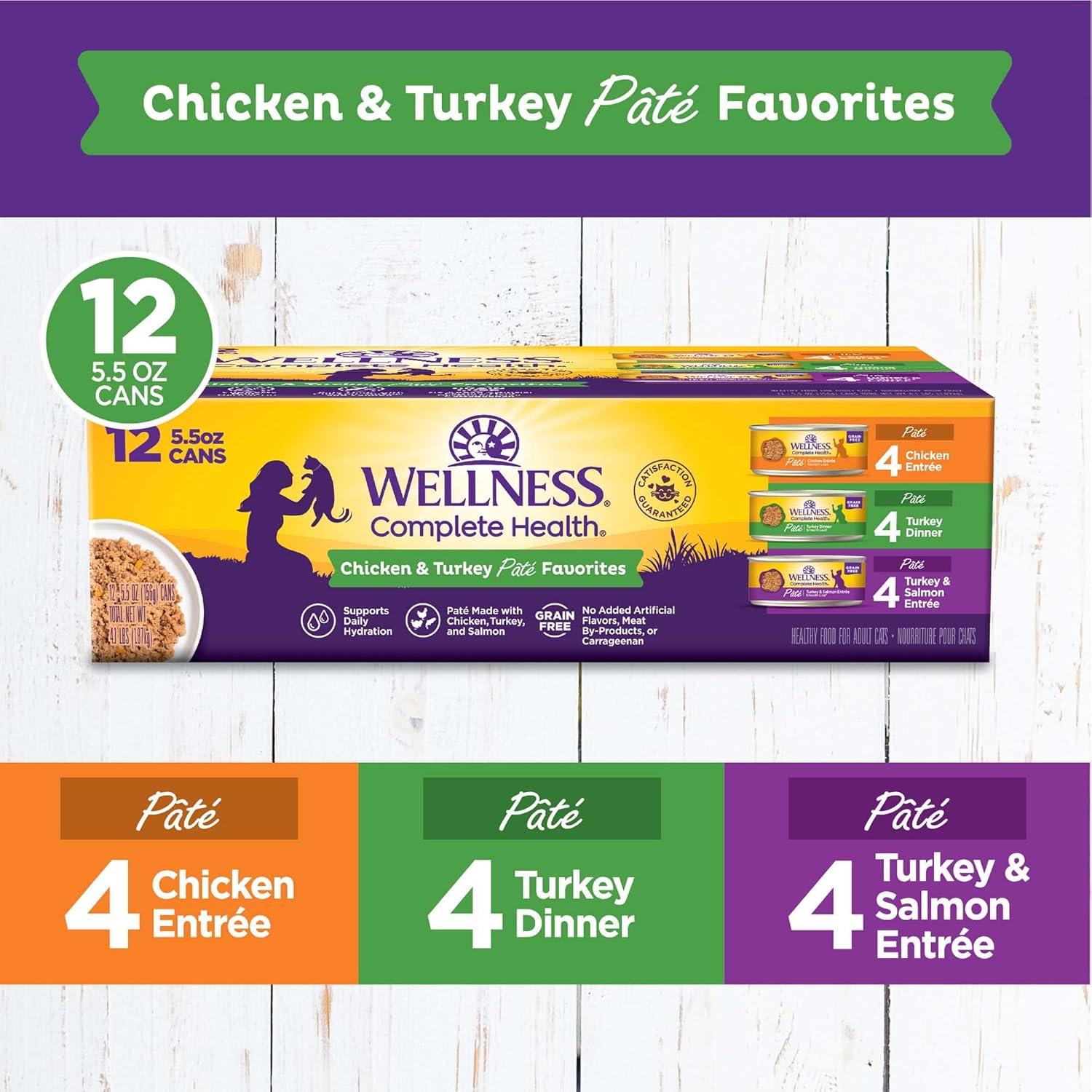 Wellness Complete Health Pate Variety Pack Adult Canned Wet Cat Food, Natural, Protein Rich, Grain Free, Chicken and Turkey Favorites, 3 oz