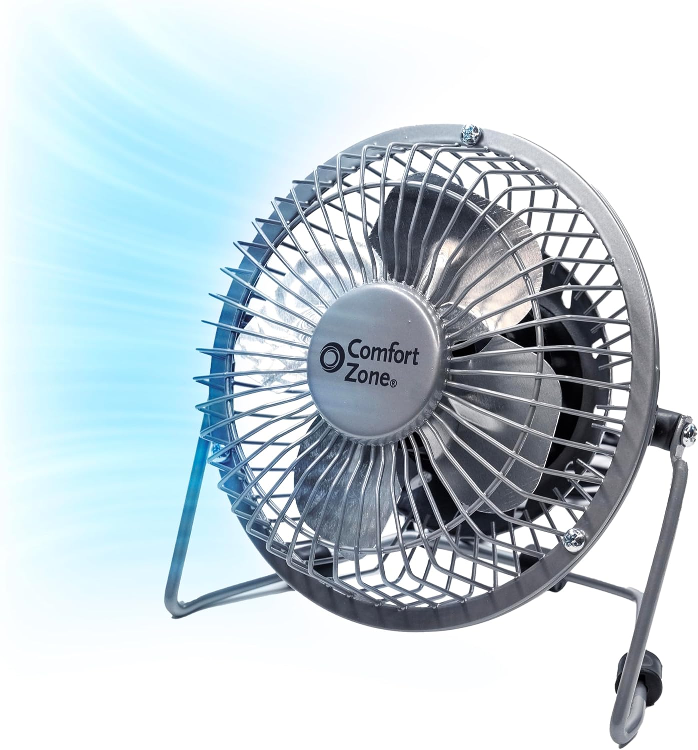 Comfort Zone 4-inch All-Metal Mini Desk Fan – High Velocity Portable USB Fan with 120V Wall Adapter
