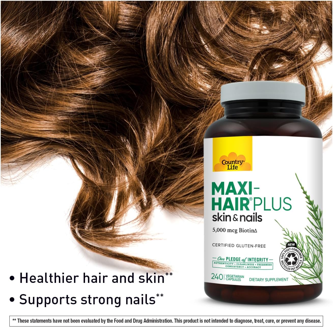Country Life Maxi-Hair Plus 5000 mcg Biotin, 240 Vegetarian Capsules | Supports healthier-looking skin and strands plus strong nails from within