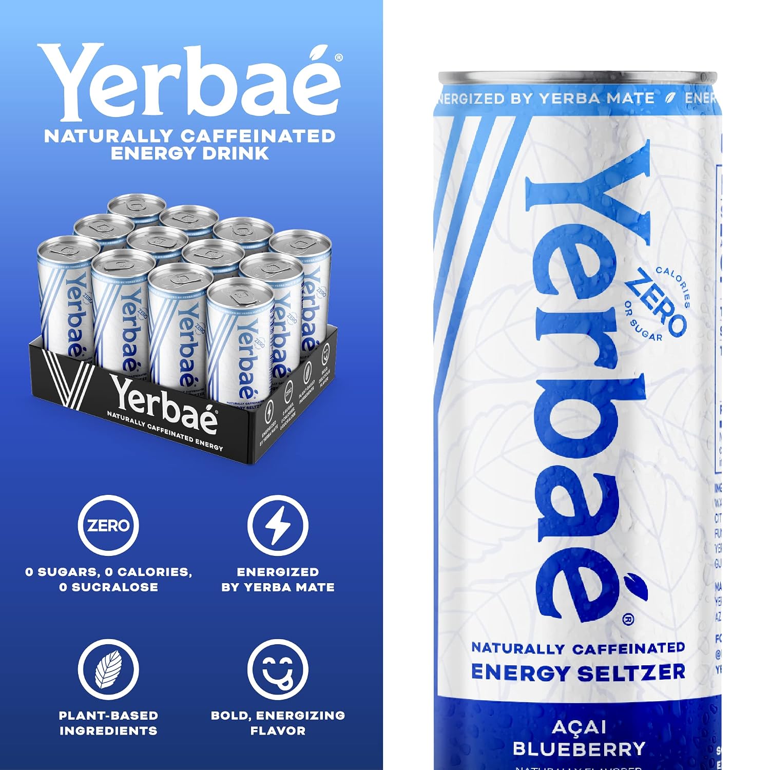 Yerbaé Energy Seltzer - Variety Performance Pack. No Sugar/Calories/Carbs. Energized by Yerba Mate Naturally Caffeinated Plant-Based, Healthy Alternative to Coffee/Sugary Sodas, Pack of 12, 12oz cans