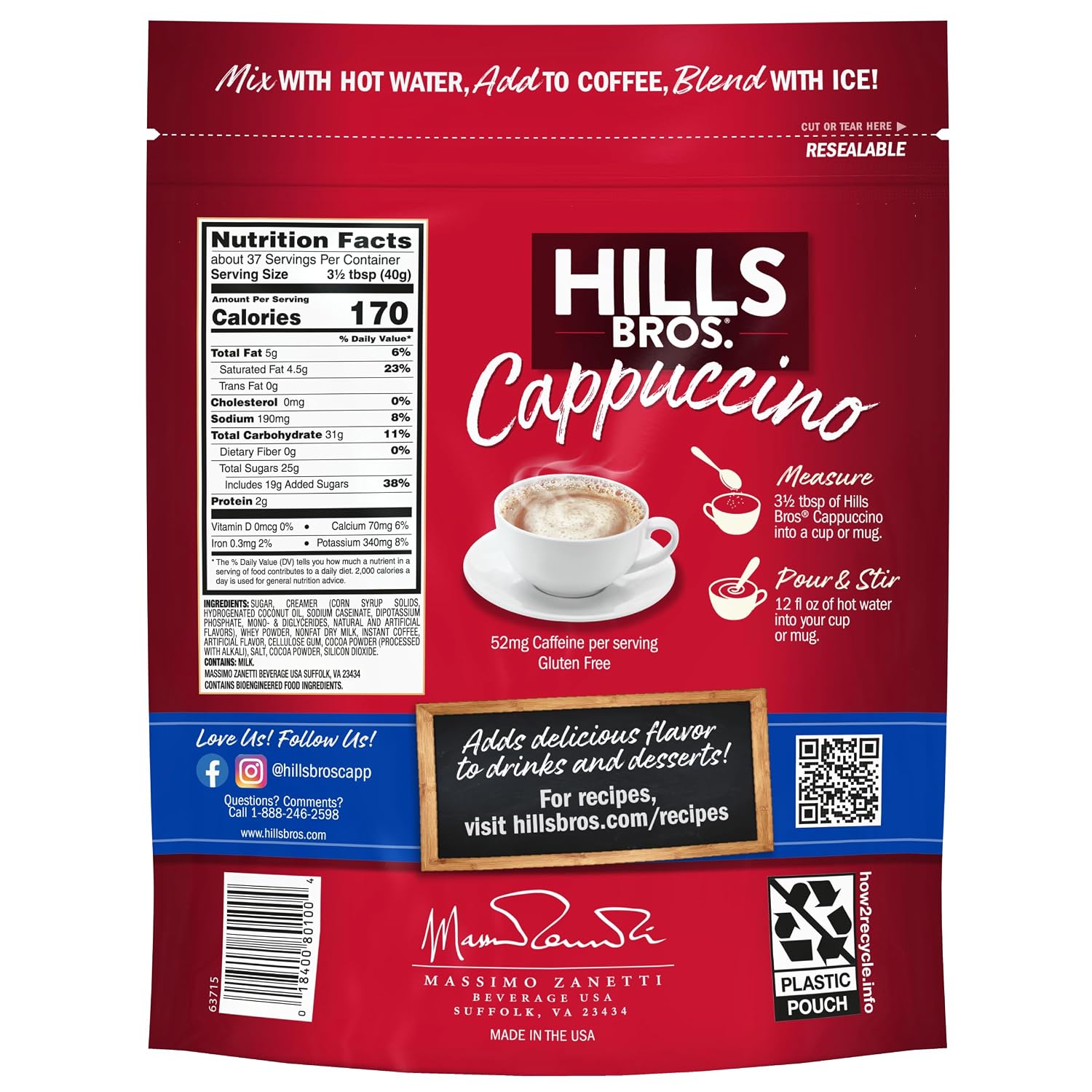 Hills Bros. Cappuccino Mix – Rich, Frothy Coffeehouse-Tasting Instant Drink Mix – Quick and Easy Preparation – Perfect for Hot & Iced Drinks & Creaming Coffee – Double Mocha, 1 Pack of 16oz