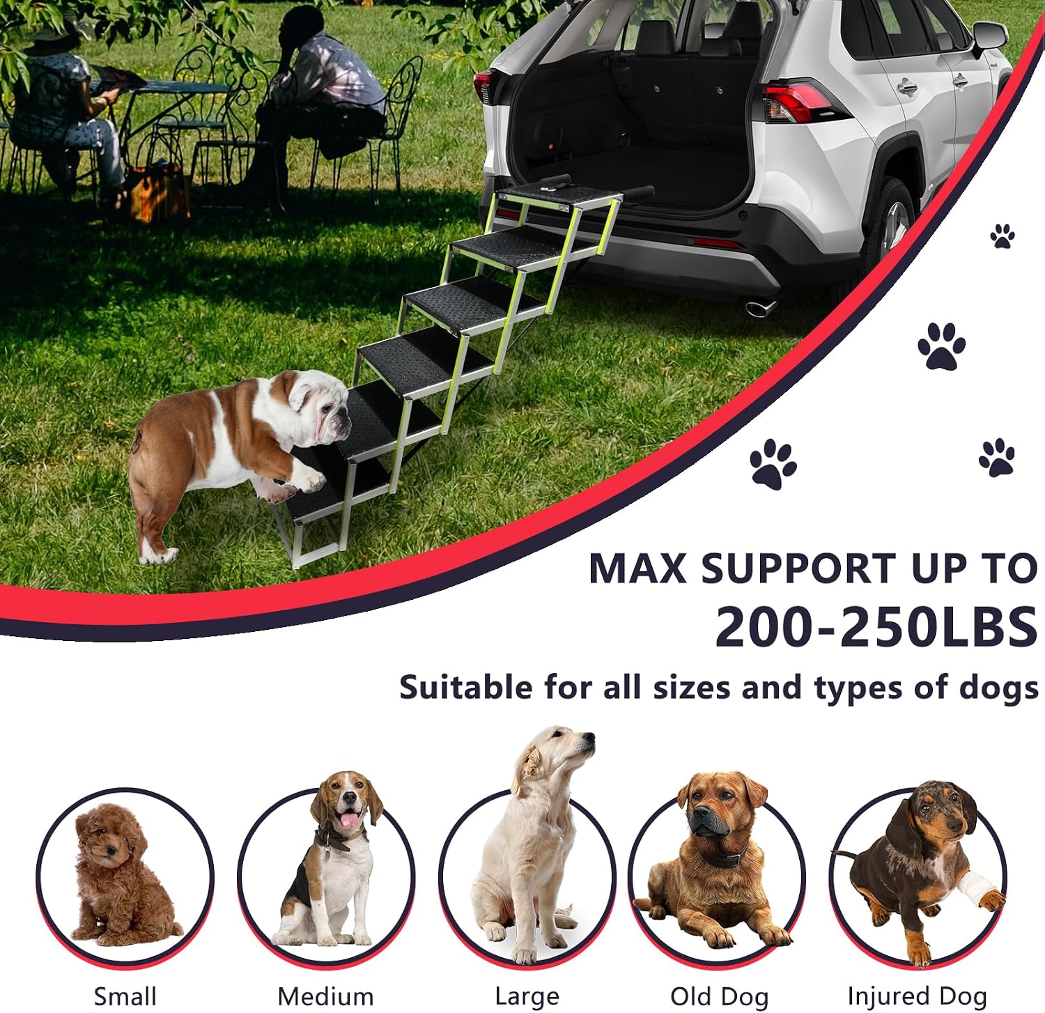 Dog Ramps for Small & Big Dogs Portable Folding Pet Stairs with Nonslip Surface Foldable Truck Ramp Stairs for Car, SUV and Trucks, Supports Up to 250LBS, 6 Steps
