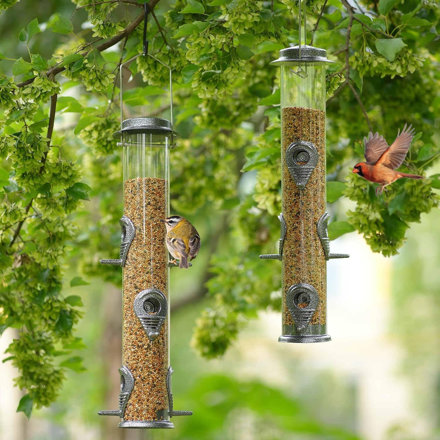 MIXXIDEA 1PK Metal Bird Feeders with 6 Feeding Ports, Tube Bird Feeder with Steel Hanger, Hard Plastic Wild Bird Feeder for Outdoors Hanging