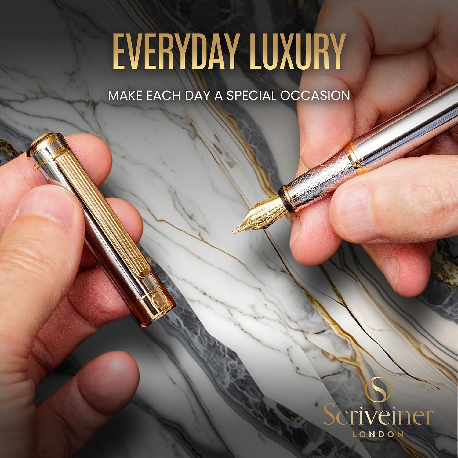 Scriveiner Silver Chrome Fountain Pen - Stunning Luxury Pen, Real Gold Finish Schmidt Gilded Nib (Medium), Best Pen Gift Set for Men & Women