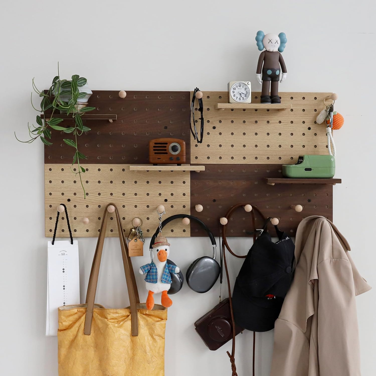 Wooden Pegboard Modular Display Organization Storage Wall Hooks Shelf(Color:Oak)