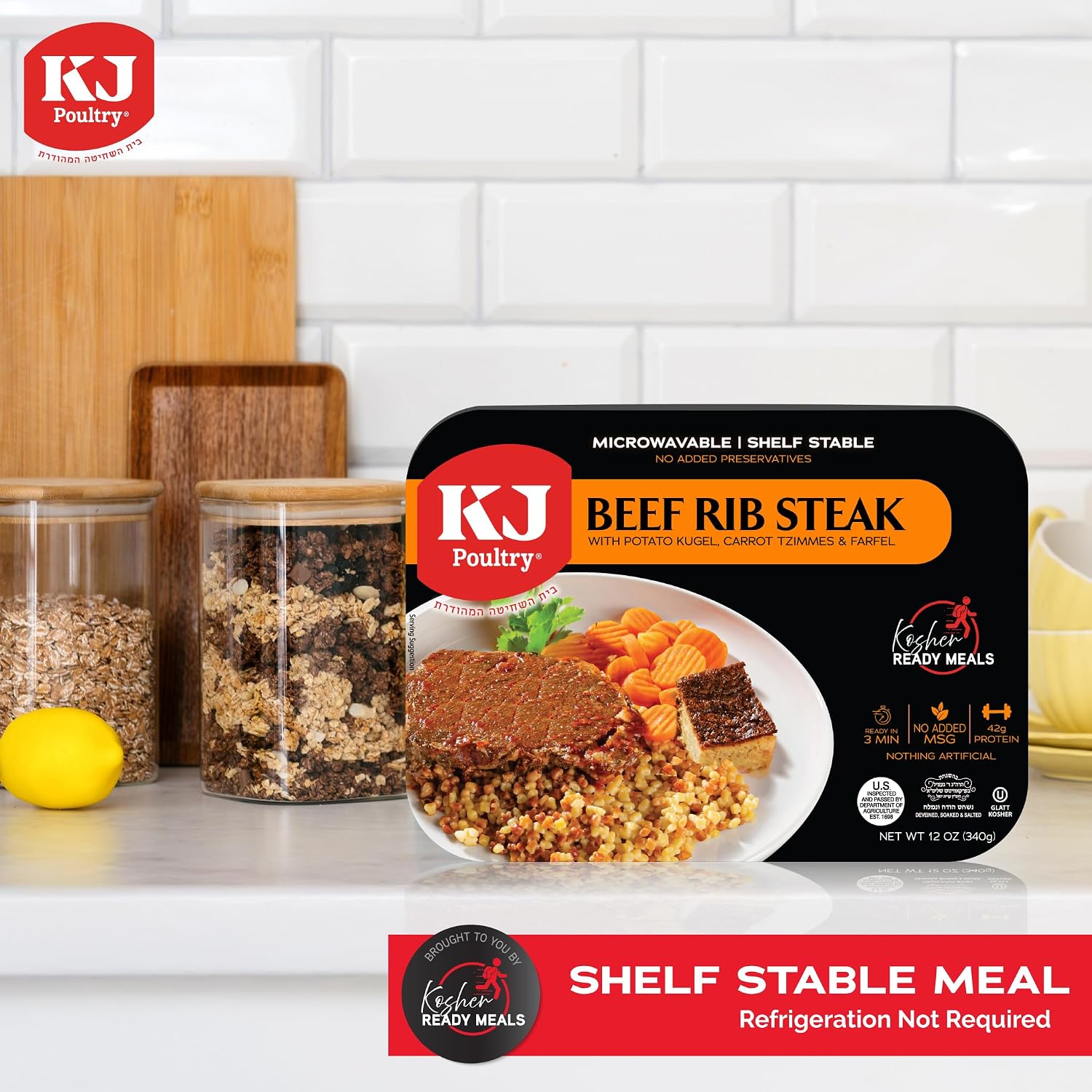 KJ Poultry Kosher Ready Meals - Beef Rib Steak & Kugel, MRE Meat Meals Ready to Eat, Shabbos Food (1 Pack) Prepared Entree Fully Cooked, Shelf Stable Microwave Dinner Travel Military Camping Survival