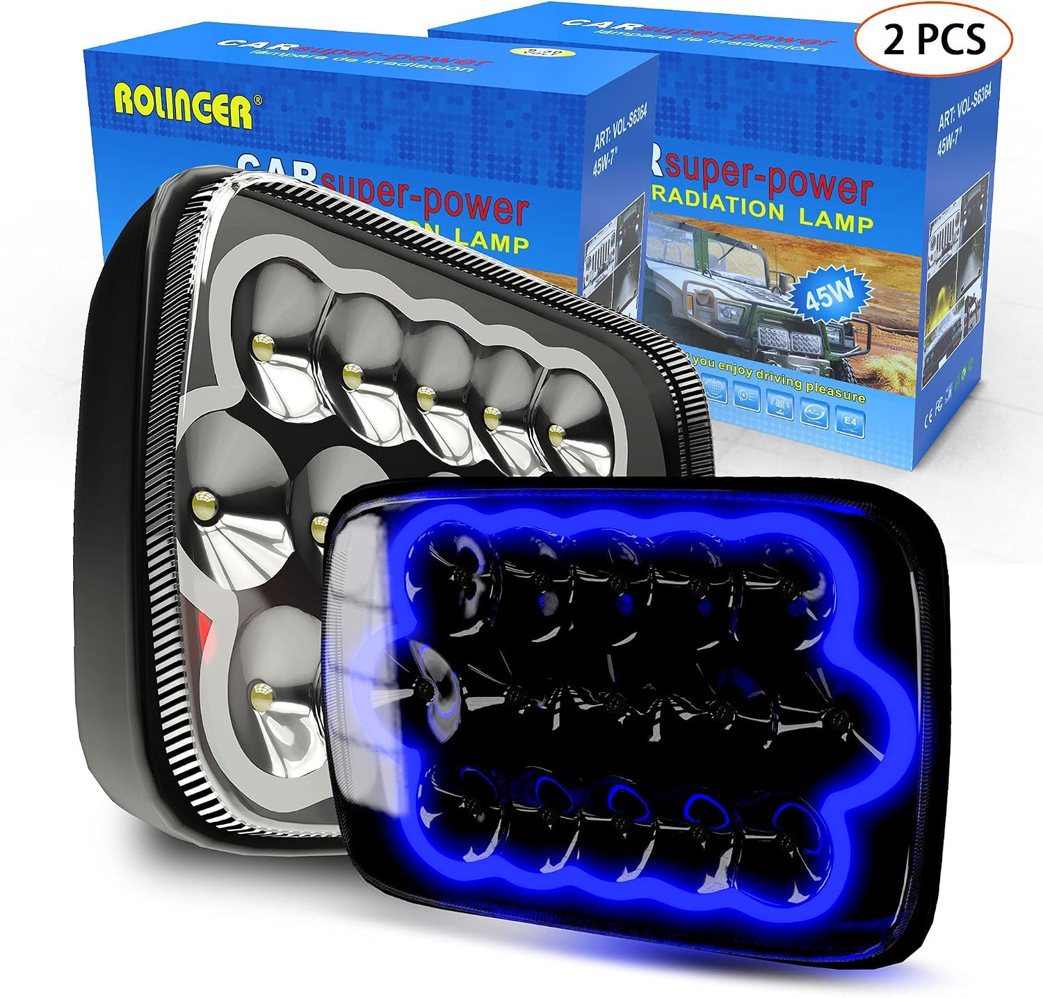 ROLINGER 2PCS Plug&Play Sealed Beam LED Light 7x6 5x7 with Blue Halo Ring | H6054 Auto Lights Off Road Compatible with Wrangler YJ XJ Cherokee E250