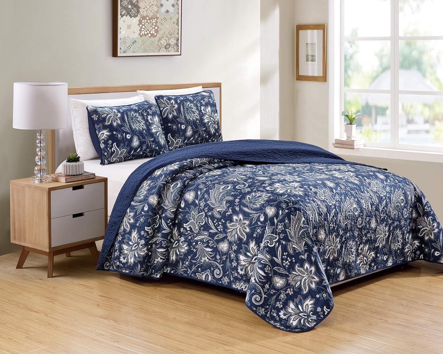 Luxury Home Collection 3 Piece Full/Queen Quilted Reversible Coverlet Bedspread Set Floral Printed Navy Blue White Gray