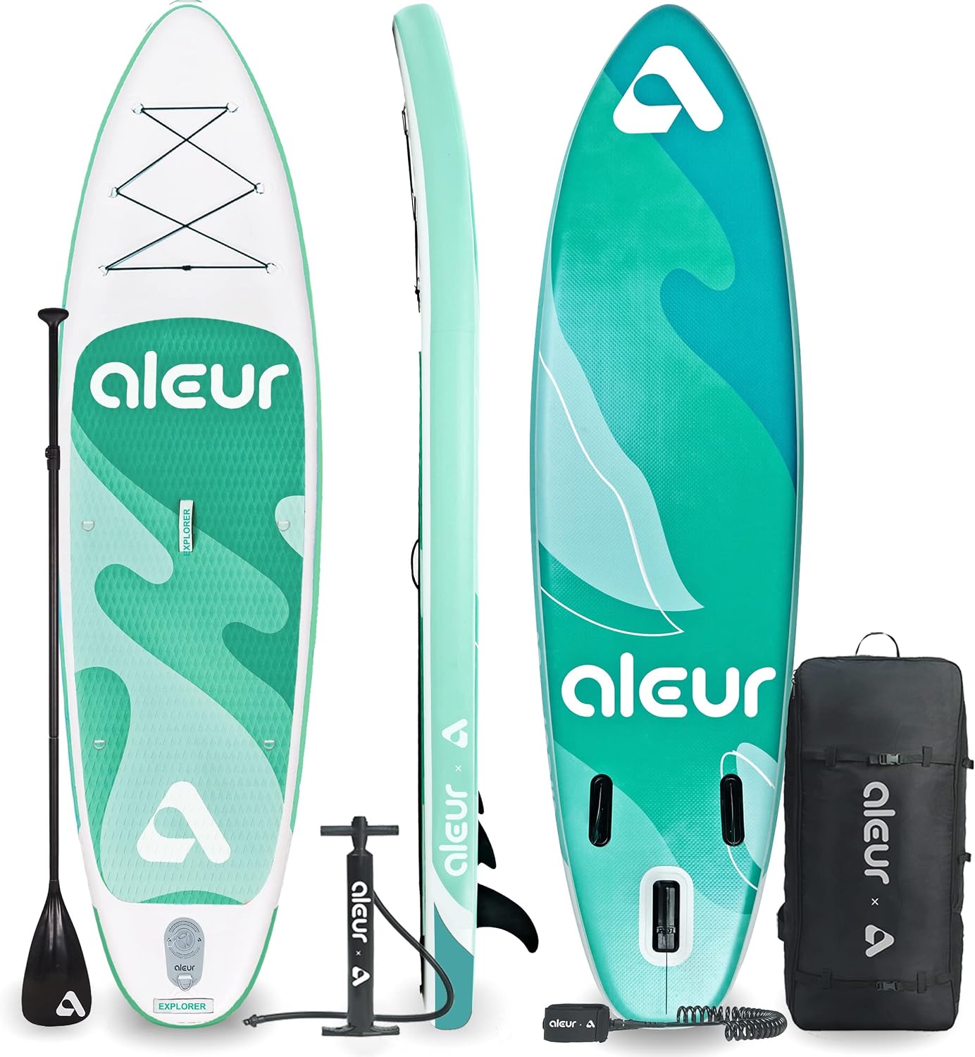 aleur Explorer Inflatable Stand Up Paddle Board Package W Premium SUP Accessories & Backpack, Non-Slip Deck, Leash, Paddle and Hand Pump | Elegant