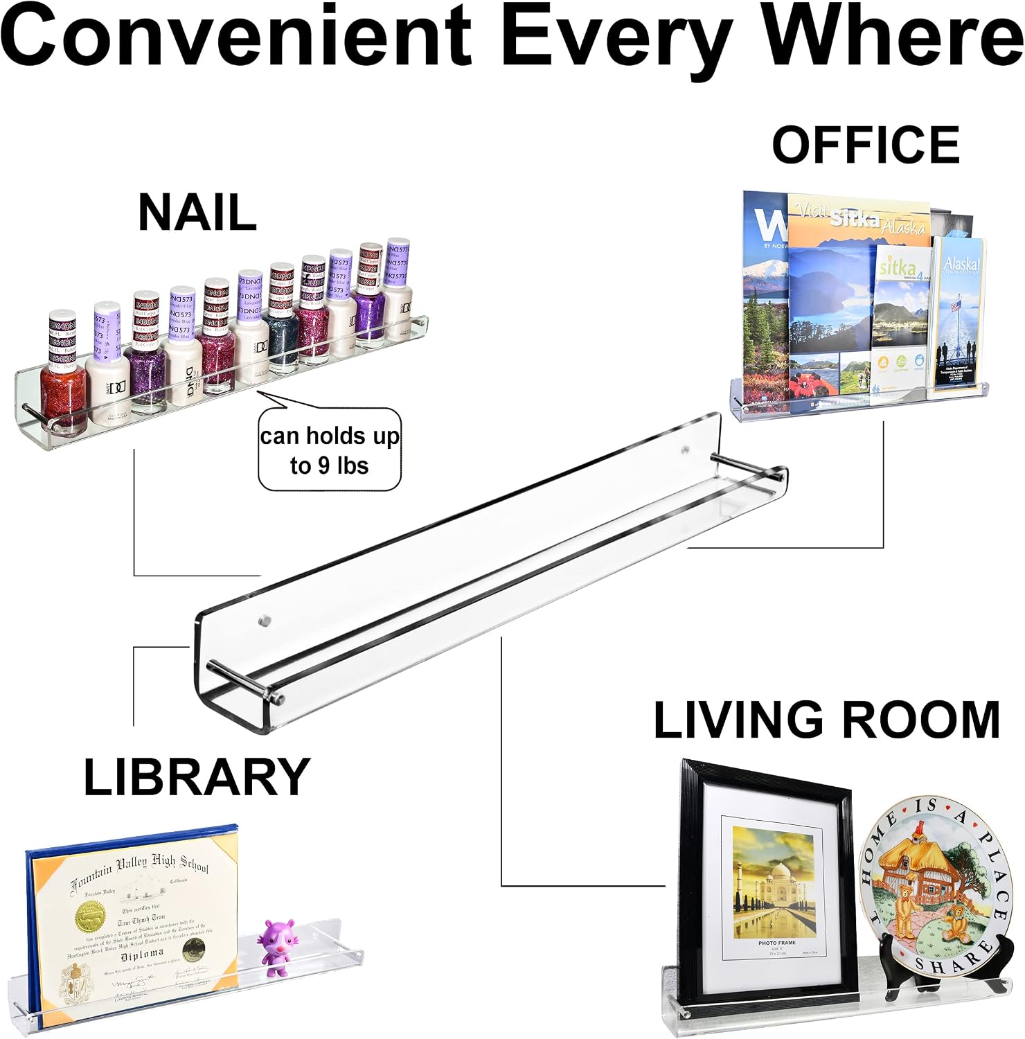 AMT 2 Pack Acrylic Floating Shelves, 15" L x 4" W, Clear Bathroom Wall, Bookshelves, Invisible Display for Office, Bedroom