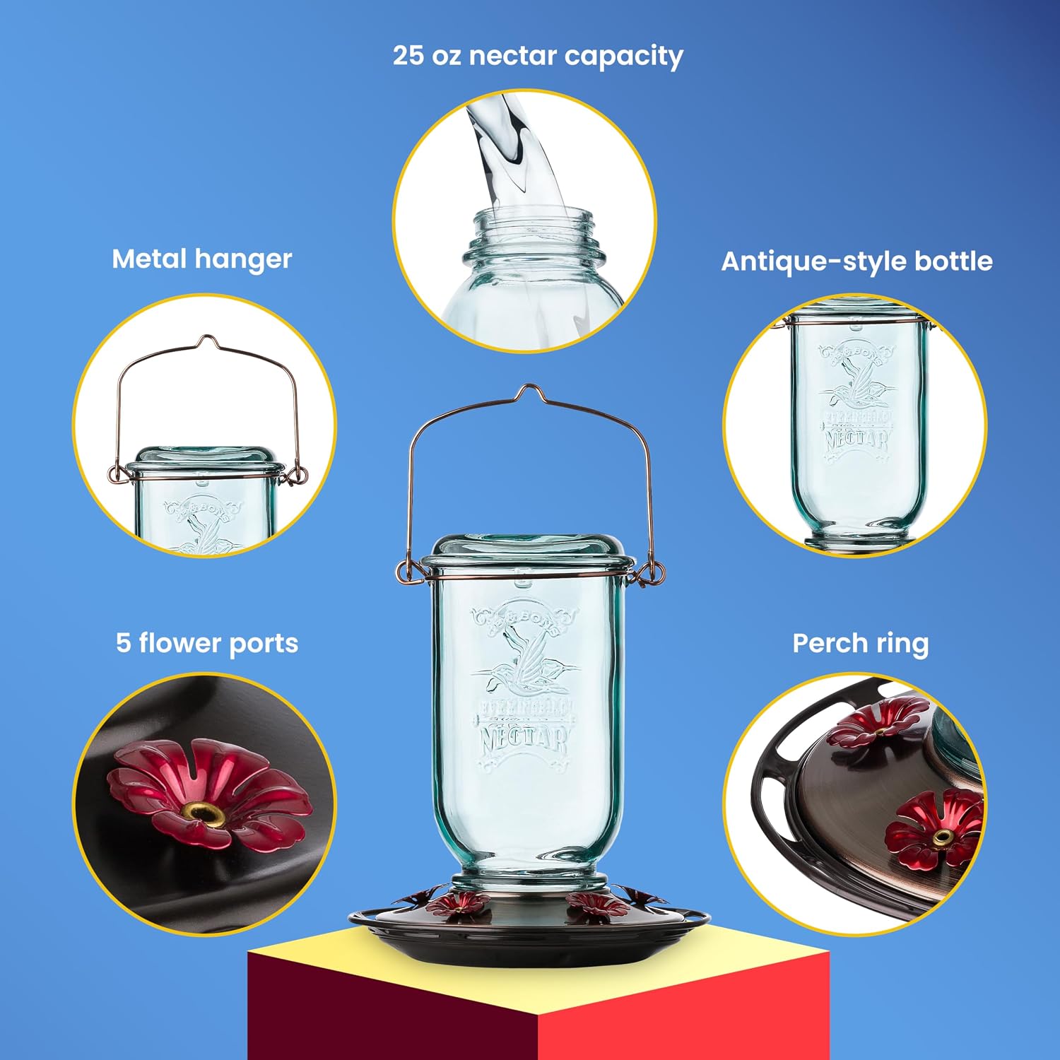 More Birds Mason Jar Hummingbird Feeder, Glass Hummingbird Feeders for Outdoors, 5 Feeding Stations, 25 Ounces