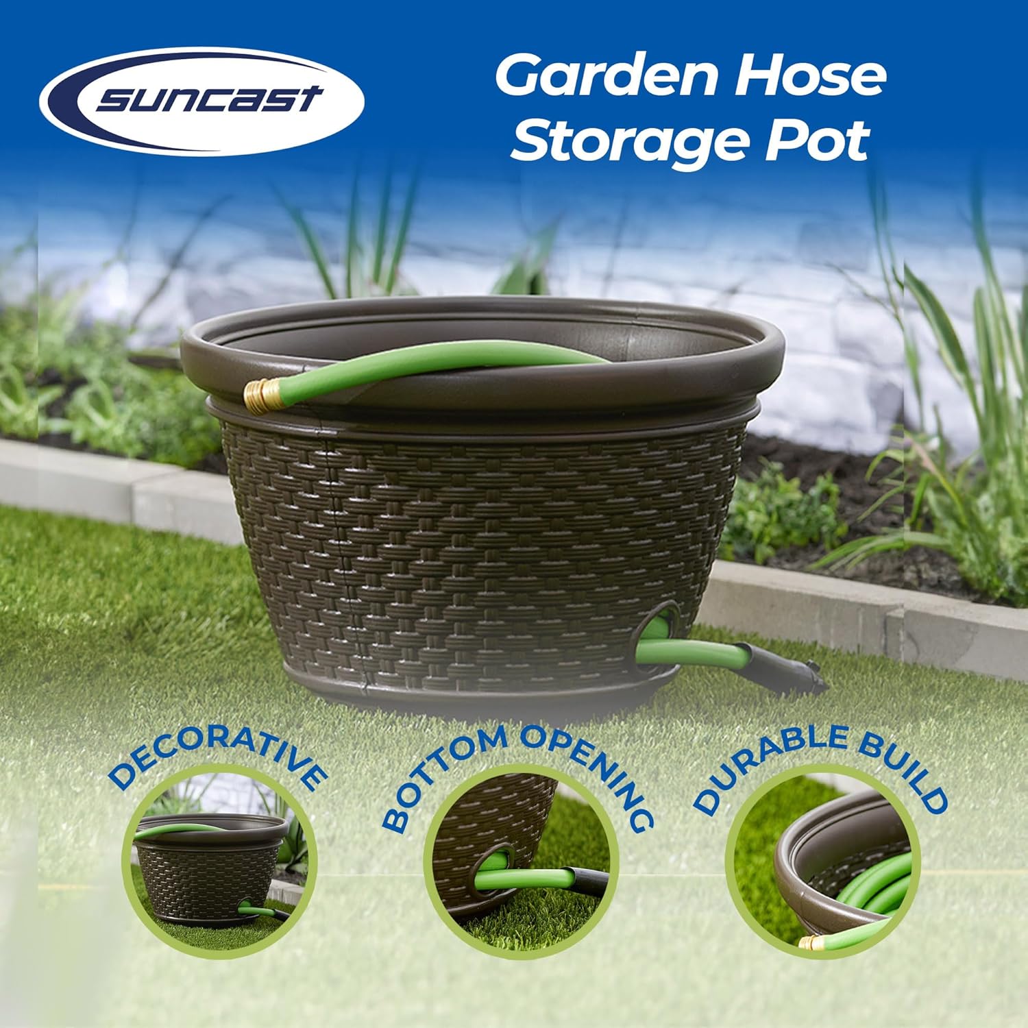Suncast Decorative Wicker Garden Hose Holder Pot with 4 Drain Holes for 100 Foot Hoses, Java