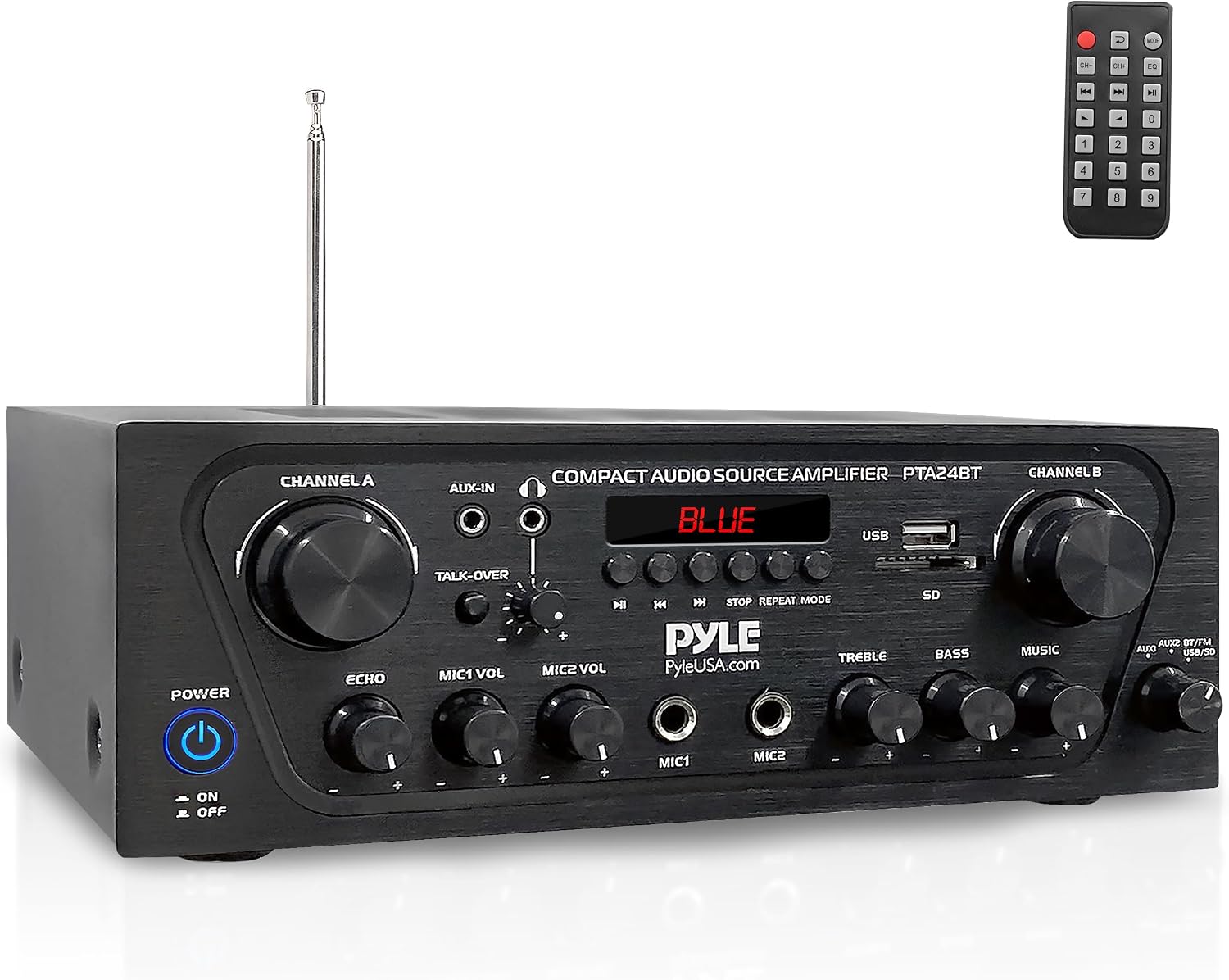 Pyle 2-Channel Bluetooth Home Stereo Amplifier - 250W Wireless Audio Receiver, Karaoke Optimized: Dual Mic In with Echo, Mic Talk-Over, FM Radio