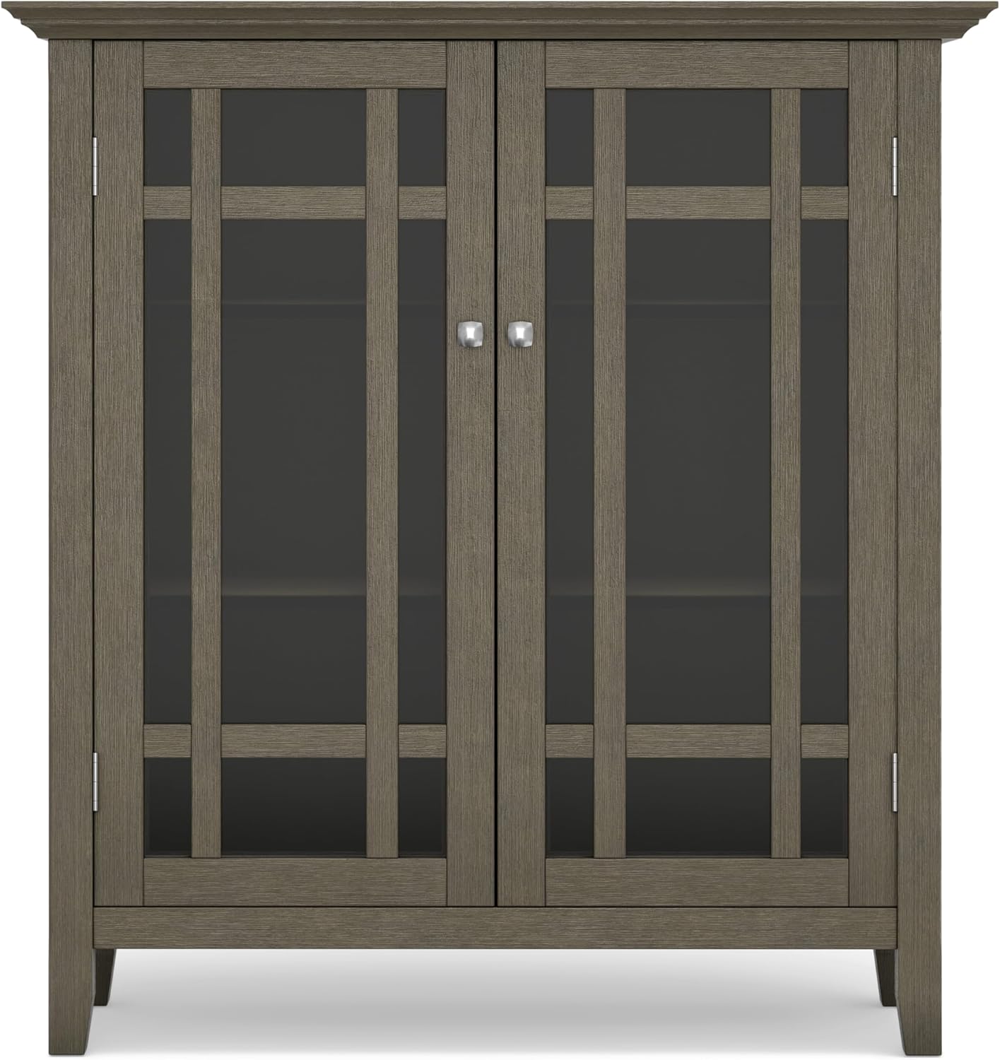 SIMPLIHOME Bedford 62" Wide Solid Wood Sideboard in Brunette Brown | Transitional low media console with glass doors and storage shelves for the living room, entryway or dining room.