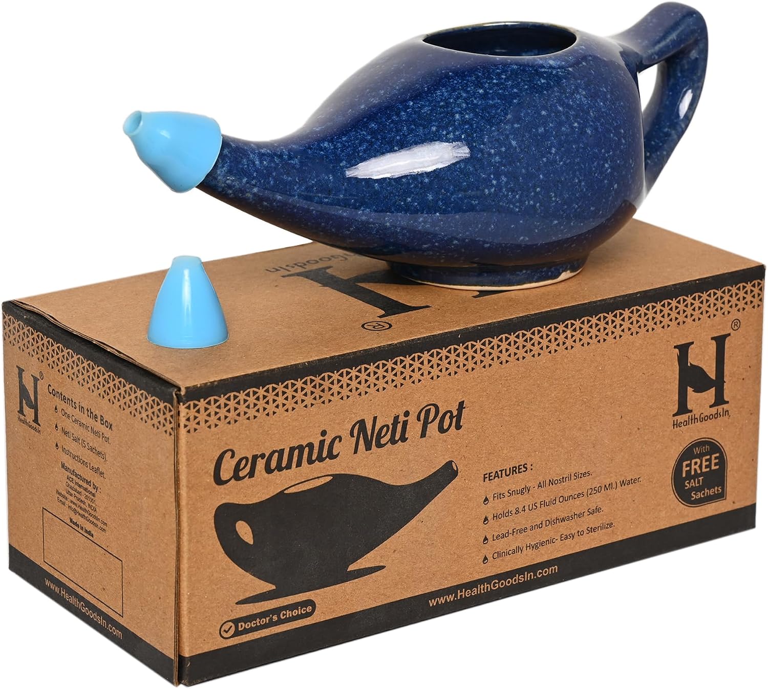 Ceramic Neti Pot Sinus Rinse Nasal Wash with Salt, Dishwasher Safe, 225 Ml. Capacity (Blue Dapple)