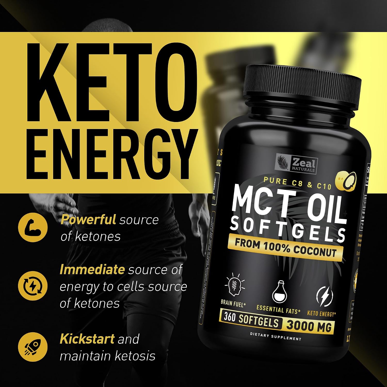 Pure MCT Oil Capsules (360 Softgels | 3000mg) 4 Month Supply Keto Pills w Unrefined Coconut - C10 & C8 Brain Fuel, Energy, Octane Ketosis