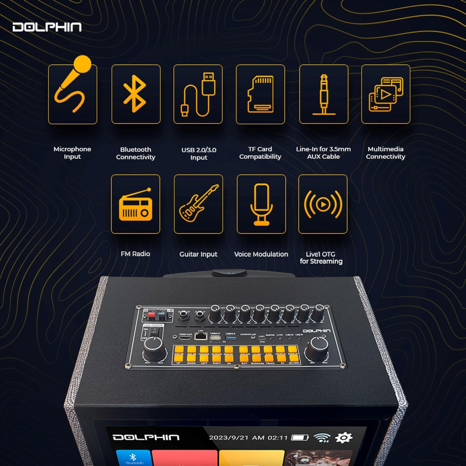 Dolphin KB-2100R Karaoke Machine with 2 Wireless Mics, Dual 10" Woofers | 14" Touchscreen, Android 11.1, Bluetooth, USB, TF, FM & AUX Inputs