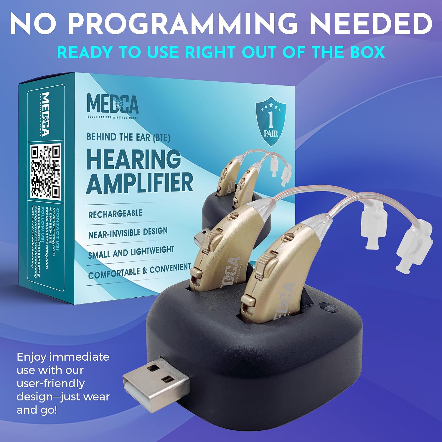 Digital Hearing Amplifiers - Rechargeable BTE Personal Sound Amplifier Pair with USB Dock - Premium Gold Behind The Ear Sound Amplification - by