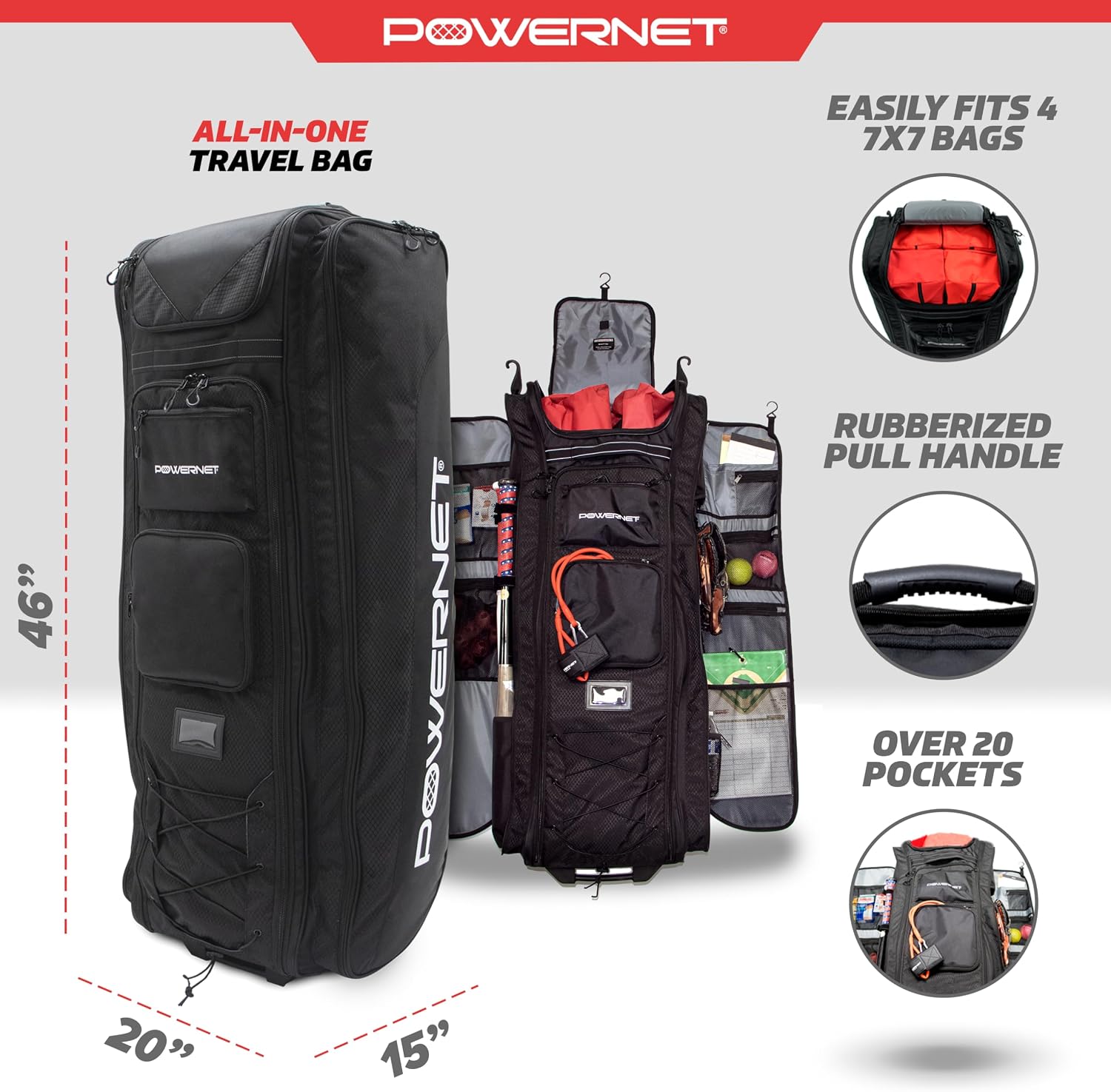 PowerNet All Gear Transporter Baseball Travel Bag, Rolling Duffle with Wheels & Handle for Baseball Accessories, Catchers Gear & Bats