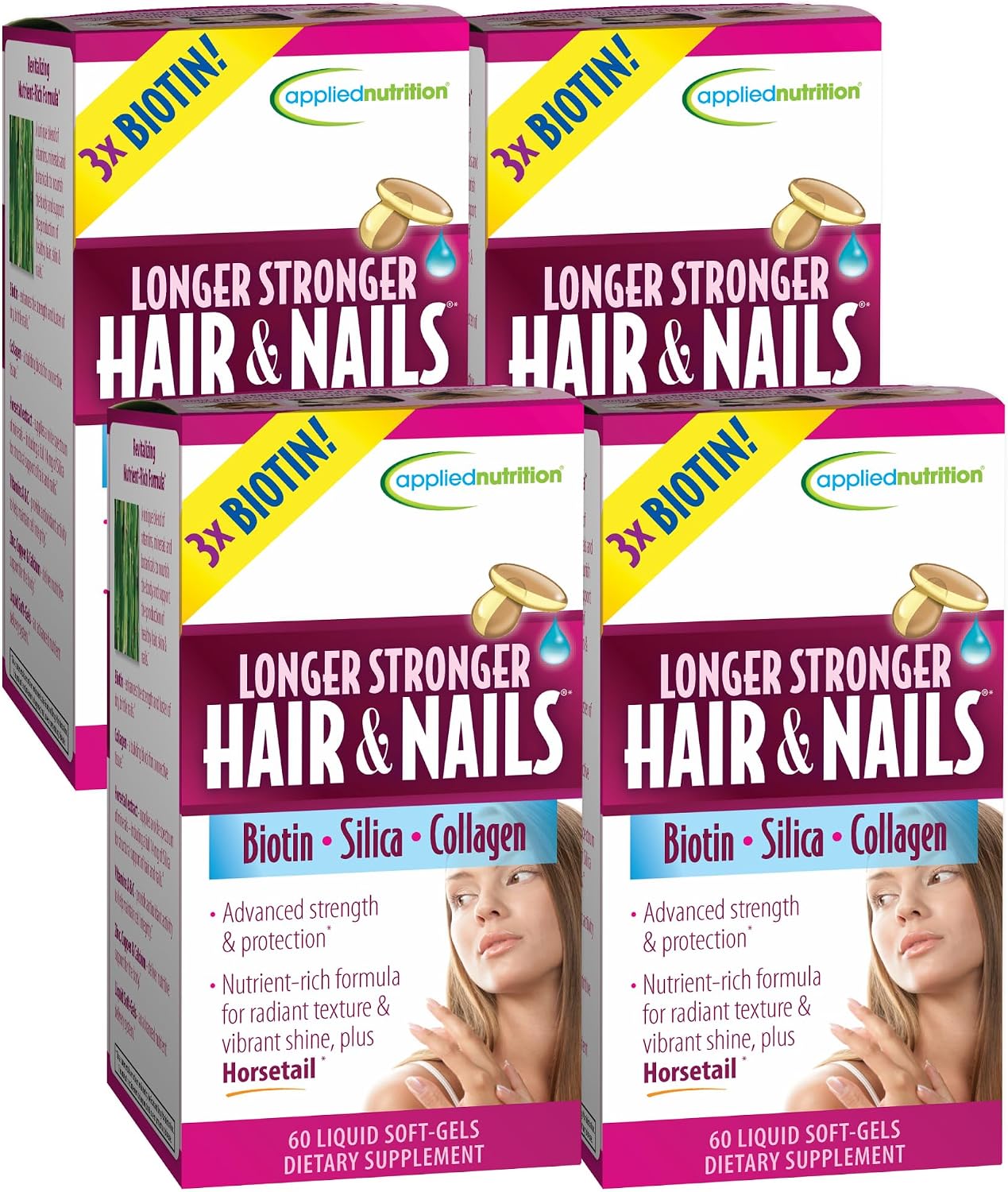 Applied Nutrition Longer Stronger Hair & Nails - 60 Liquid Soft-Gels, Pack of 6 - Biotin, Silica & Collagen - 180 Servings | Biotin | Silica & Collagen | Hair & Nail Support | 6 X 60 Softgels